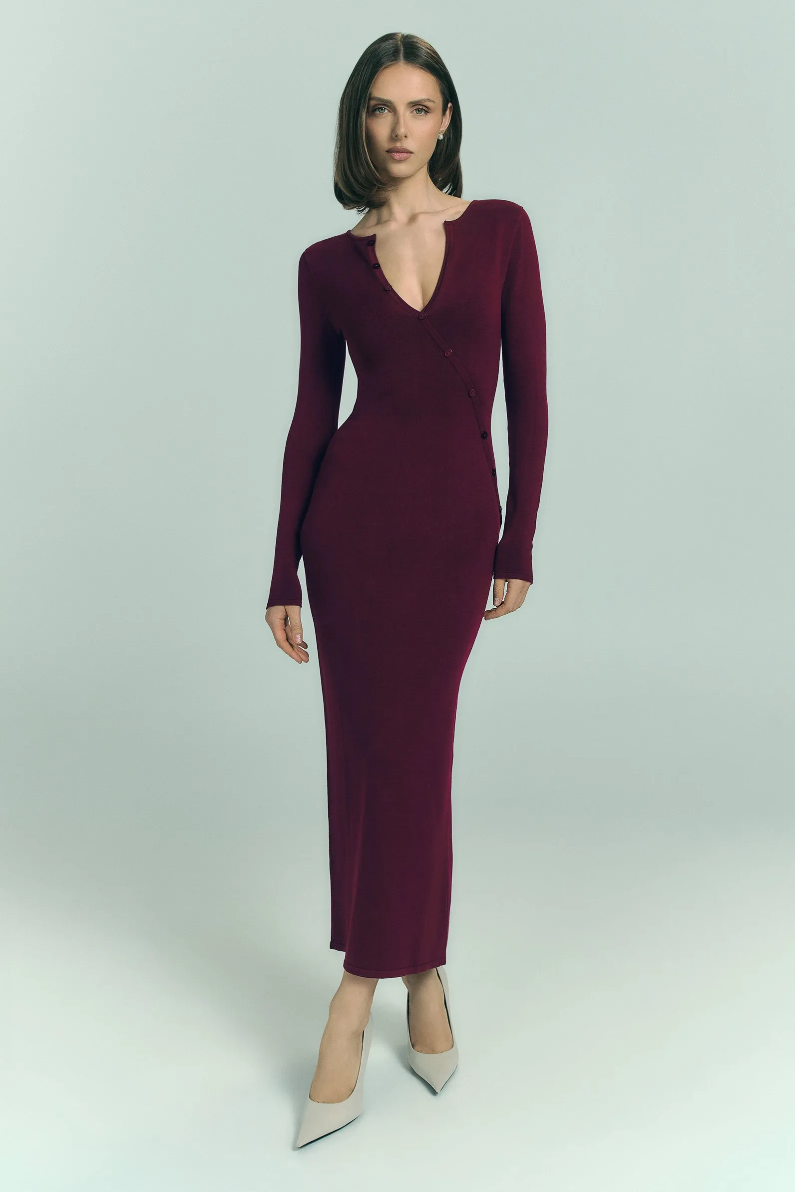 Maria Long Sleeve Buttoned Knit Maxi Dress - Plum sold by Meshki