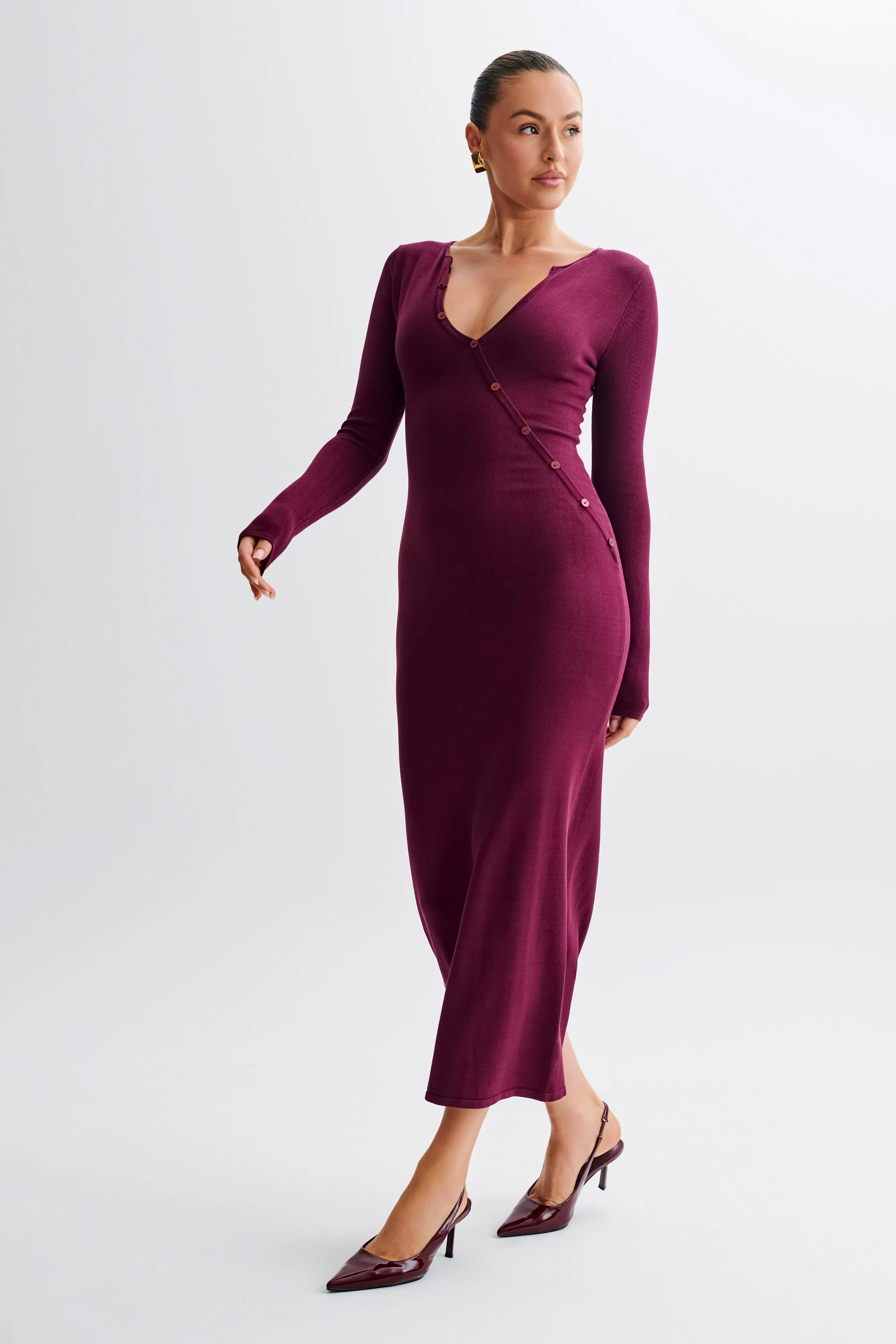Maria Long Sleeve Buttoned Knit Maxi Dress - Plum sold by Meshki product image thumbnail 5