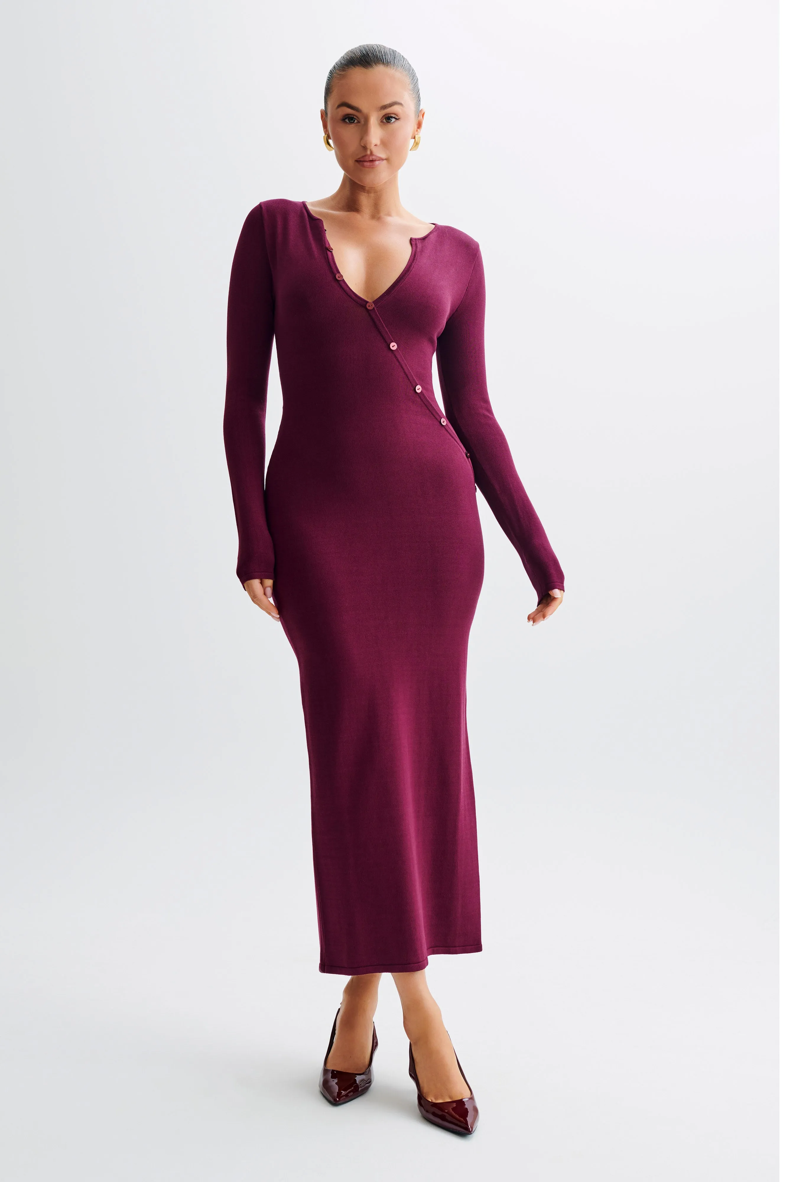 Maria Long Sleeve Buttoned Knit Maxi Dress - Plum | Parallel