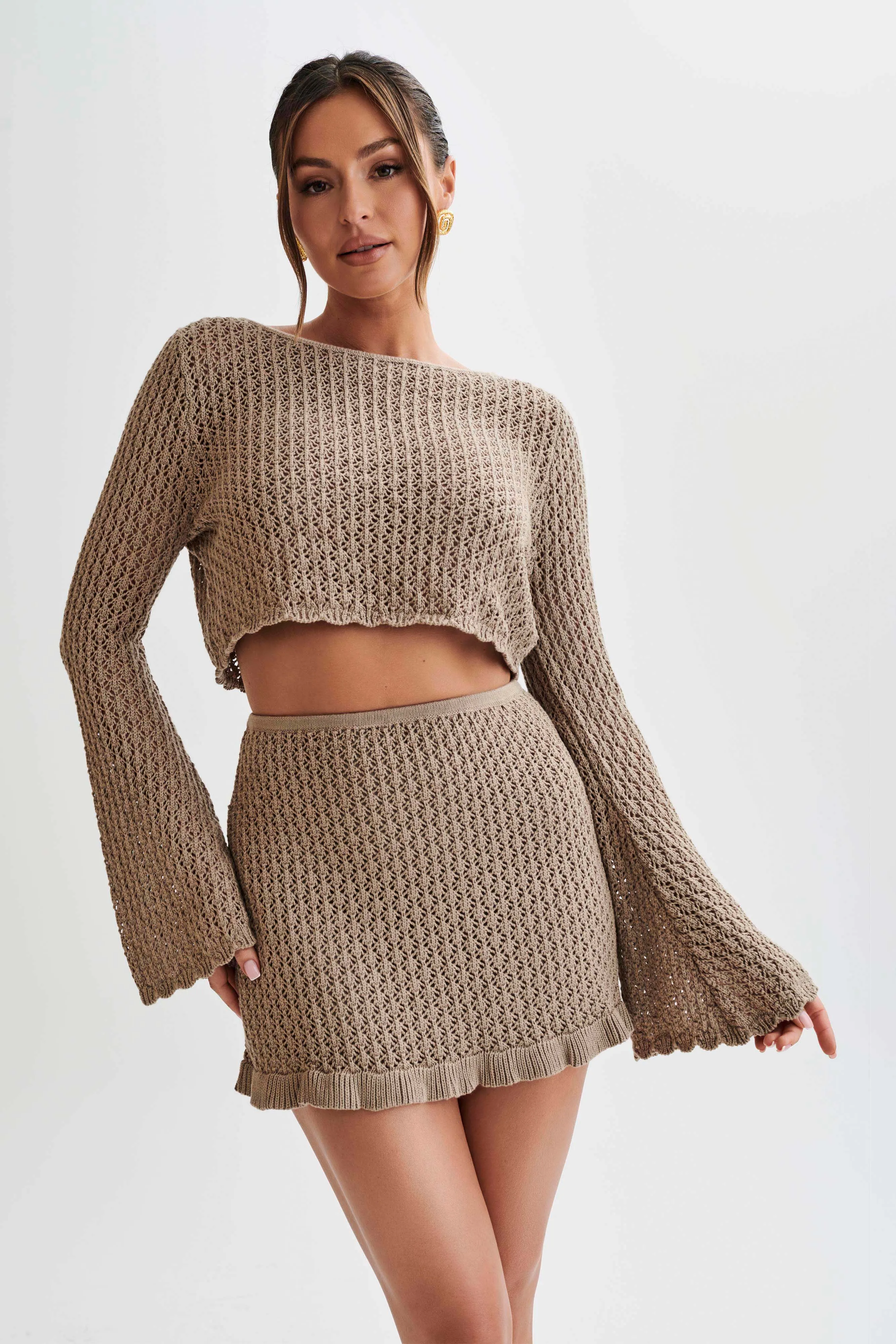Sian Knit Long Sleeve Crop Top - Taupe sold by Meshki