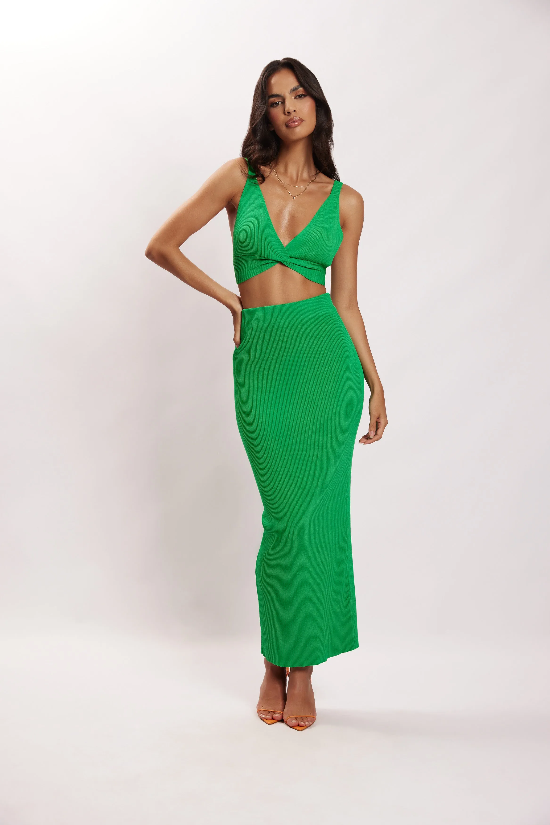 Kaesha Split Maxi Knitted Skirt - Green sold by Meshki