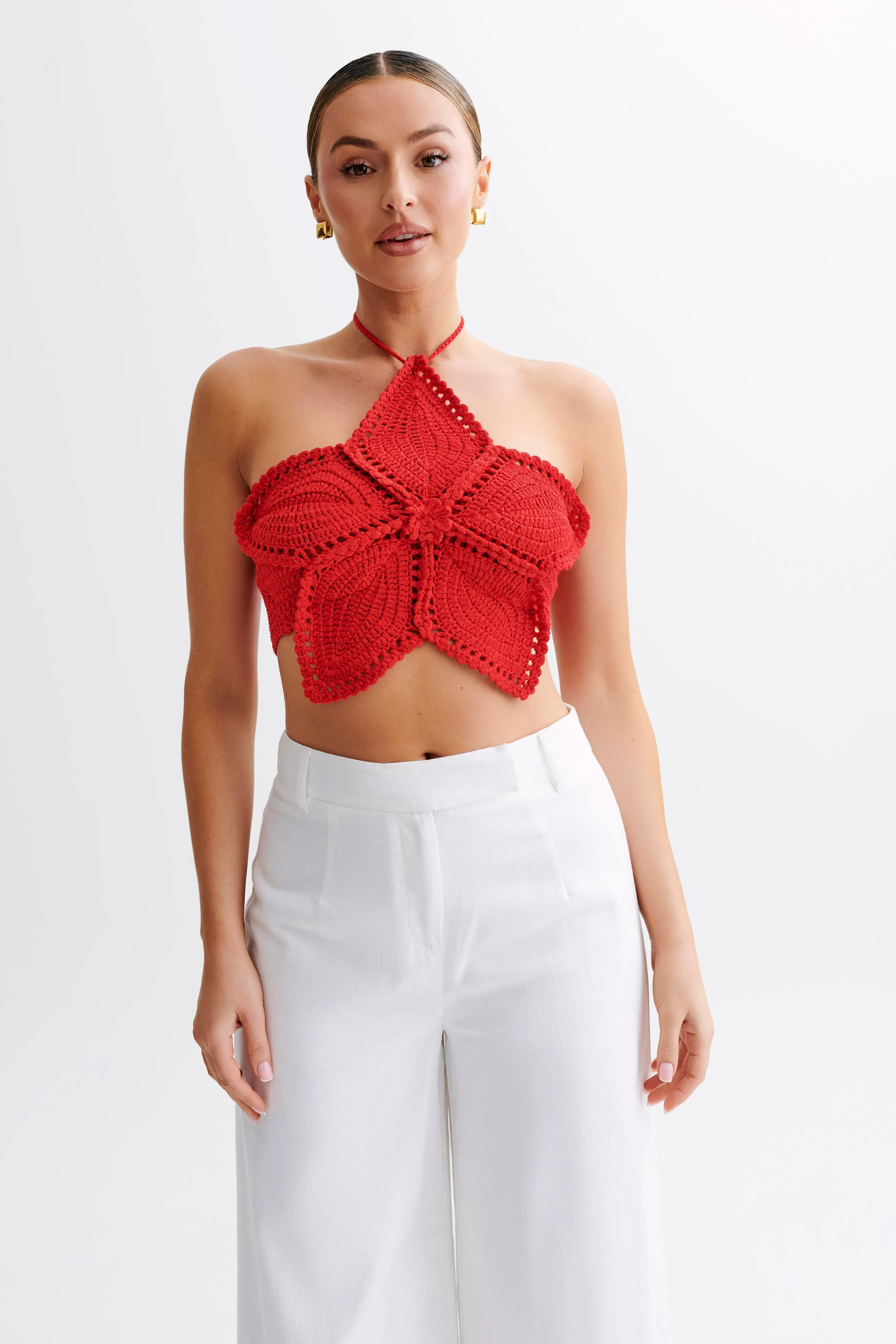 Bailey Floral Crochet Halter Top - Pomegranate sold by Meshki