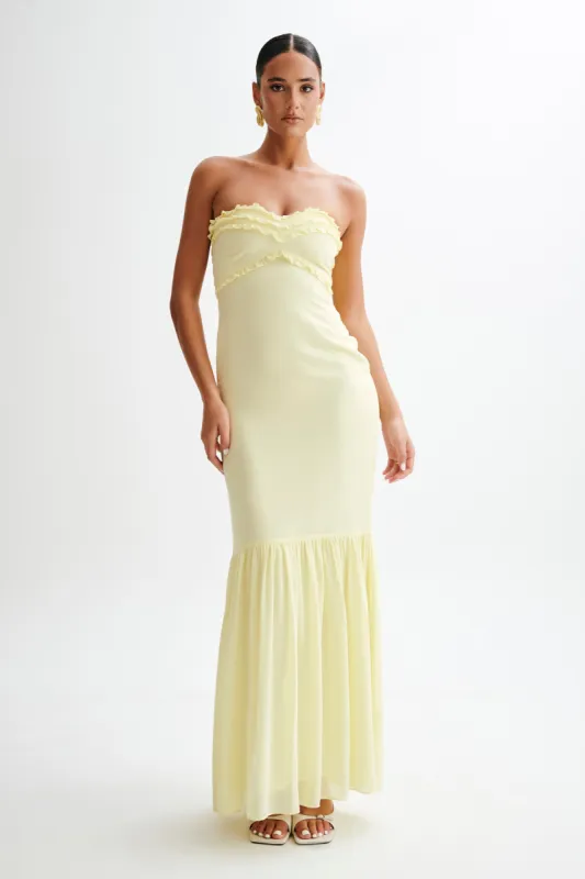 Olivette Strapless Chiffon Maxi Dress - Lemon Sherbet sold by Meshki