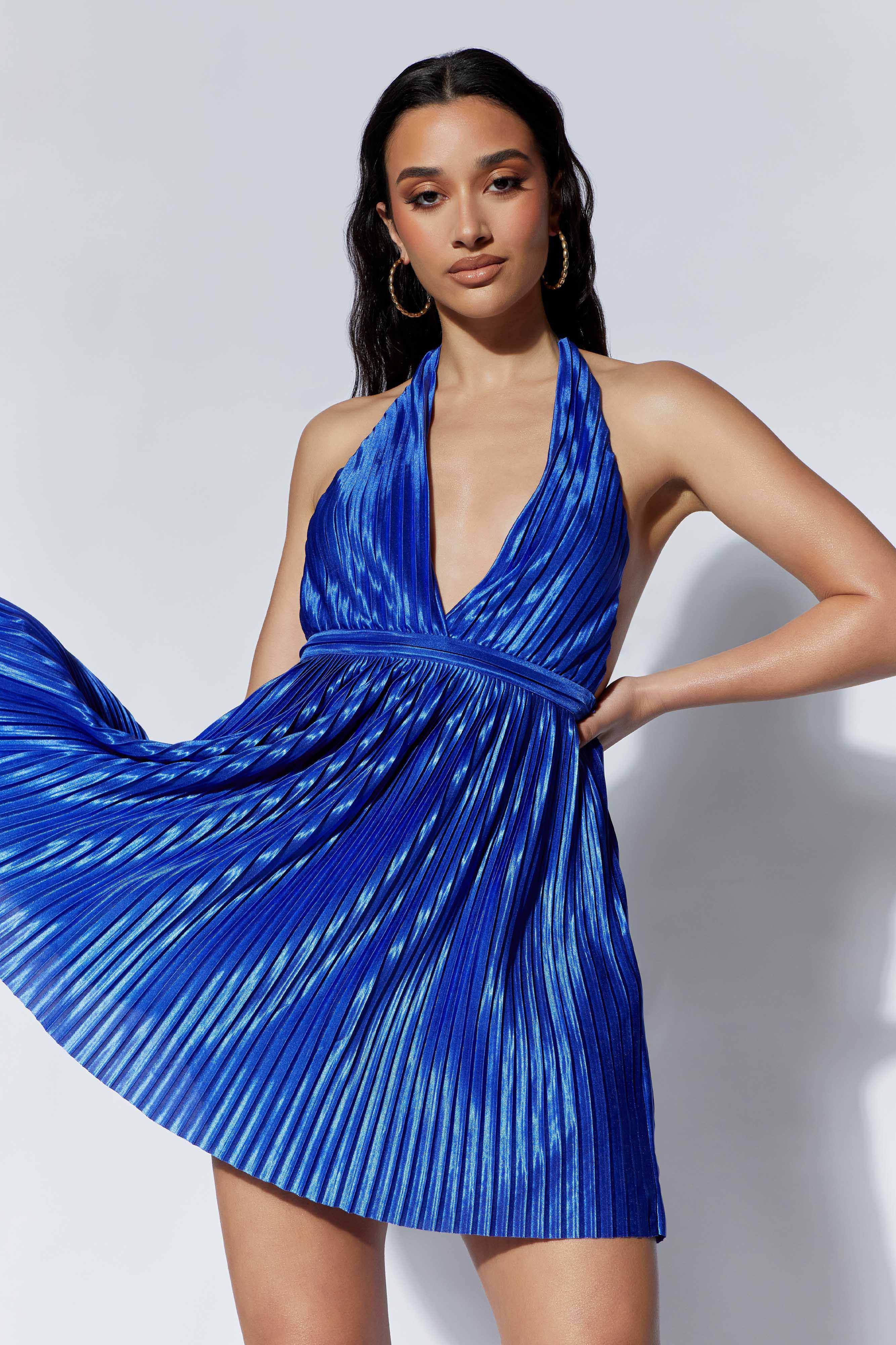 Darya Pleated Mini Halter Dress - Persian Blue sold by Meshki product image thumbnail 2