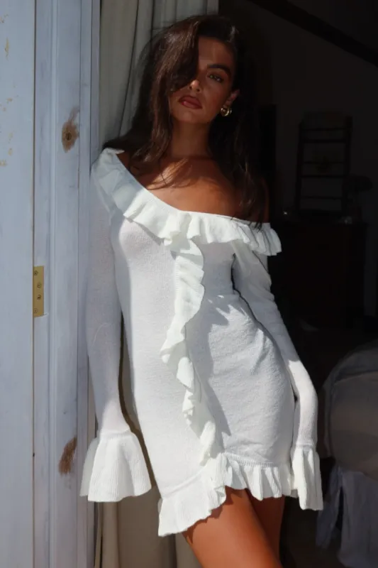 Karolina Knit Mini Dress With Frill - White sold by Meshki