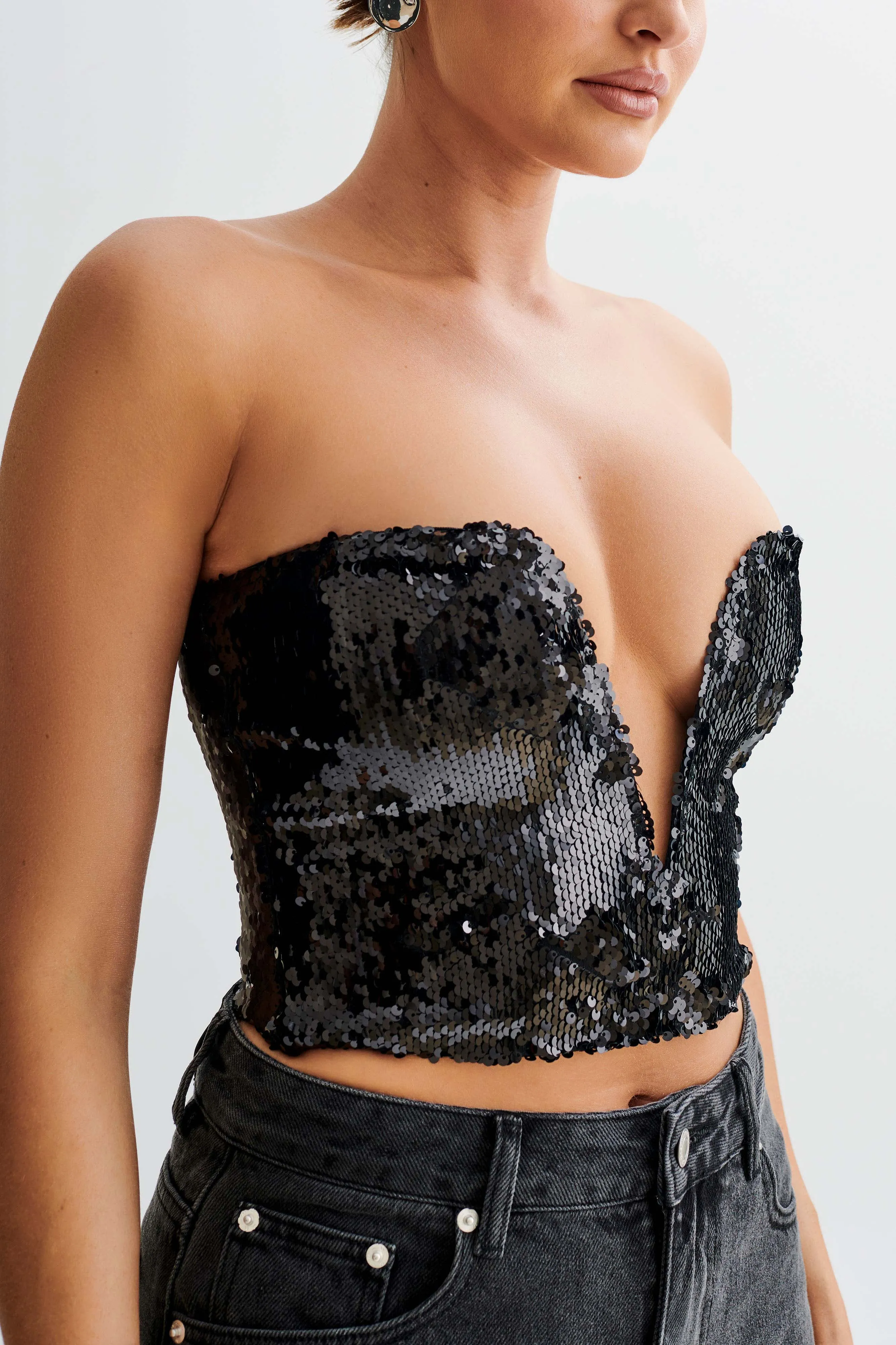 Zariah Strapless Sequin V Corset - Black sold by Meshki product image thumbnail 5