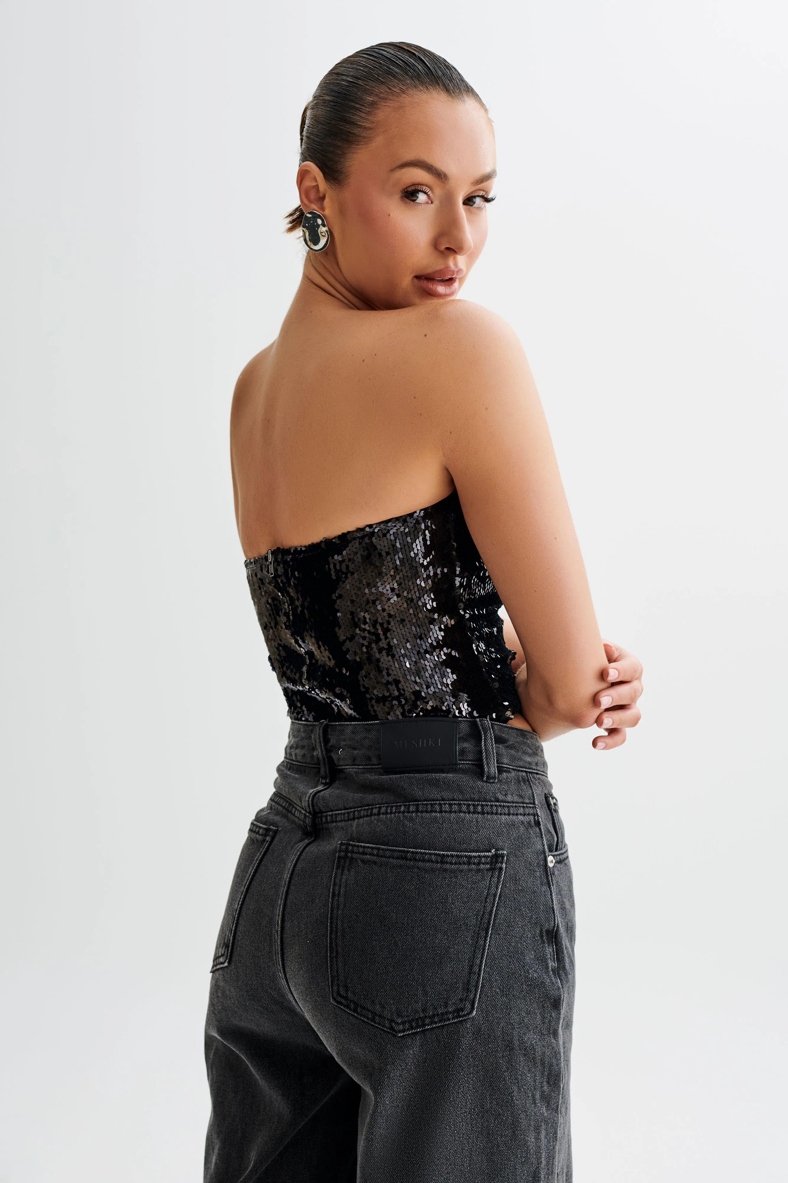 Zariah Strapless Sequin V Corset - Black sold by Meshki product image thumbnail 4