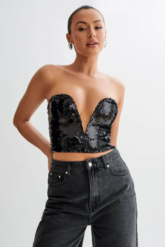 Zariah Strapless Sequin V Corset - Black sold by Meshki