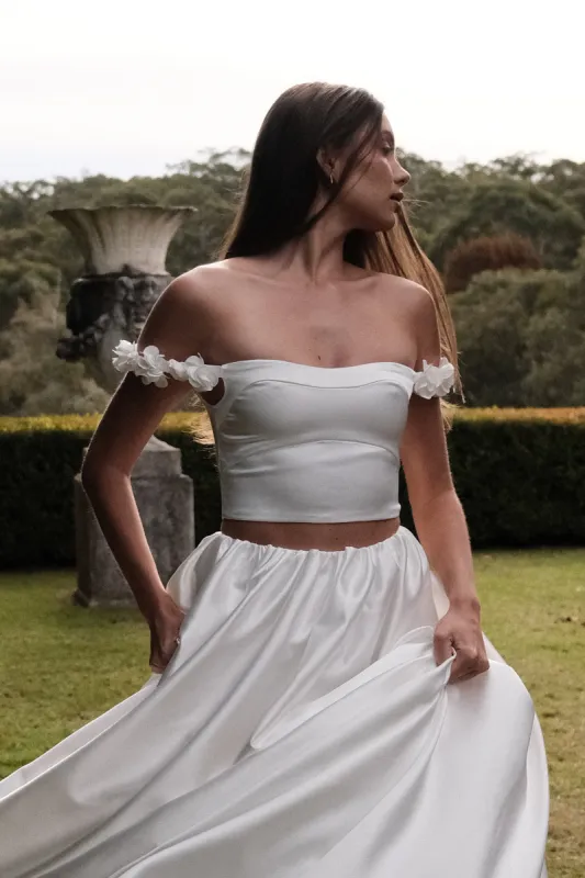 Karrie Cropped Satin Rose Bodice - White sold by Meshki