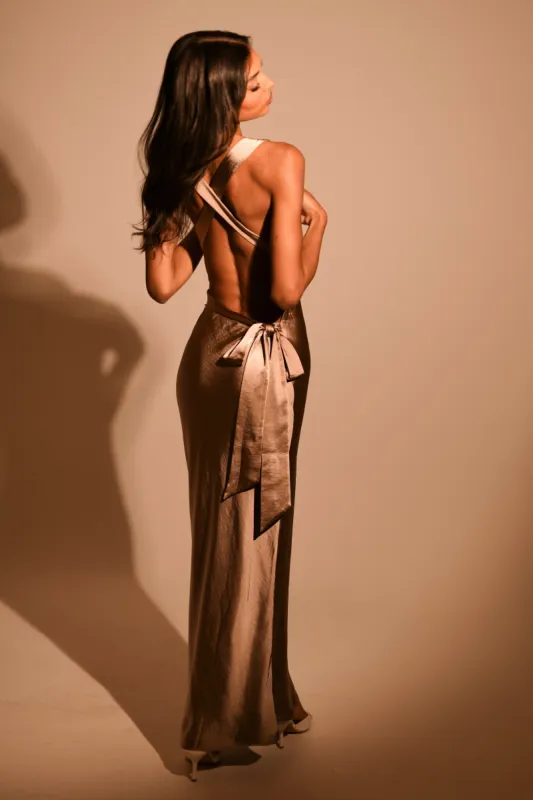 Caellie Satin Cowl Maxi Dress - Taupe made by Meshki