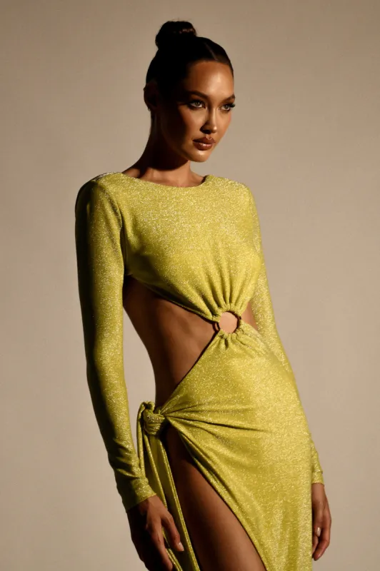 Christina Backless Maxi Wrap Dress - Green Shimmer sold by Meshki