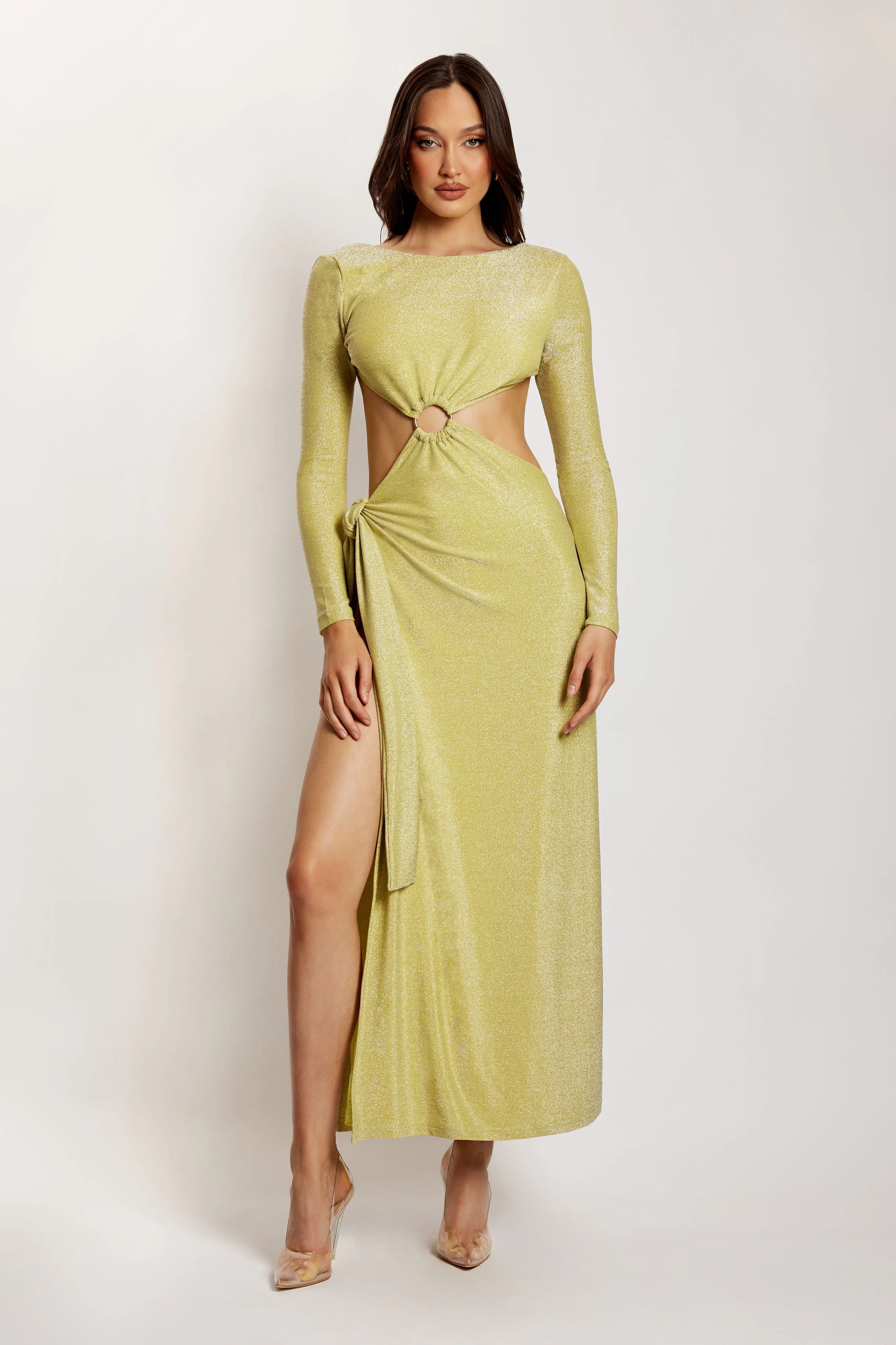 Christina Backless Maxi Wrap Dress - Green Shimmer sold by Meshki product image thumbnail 5