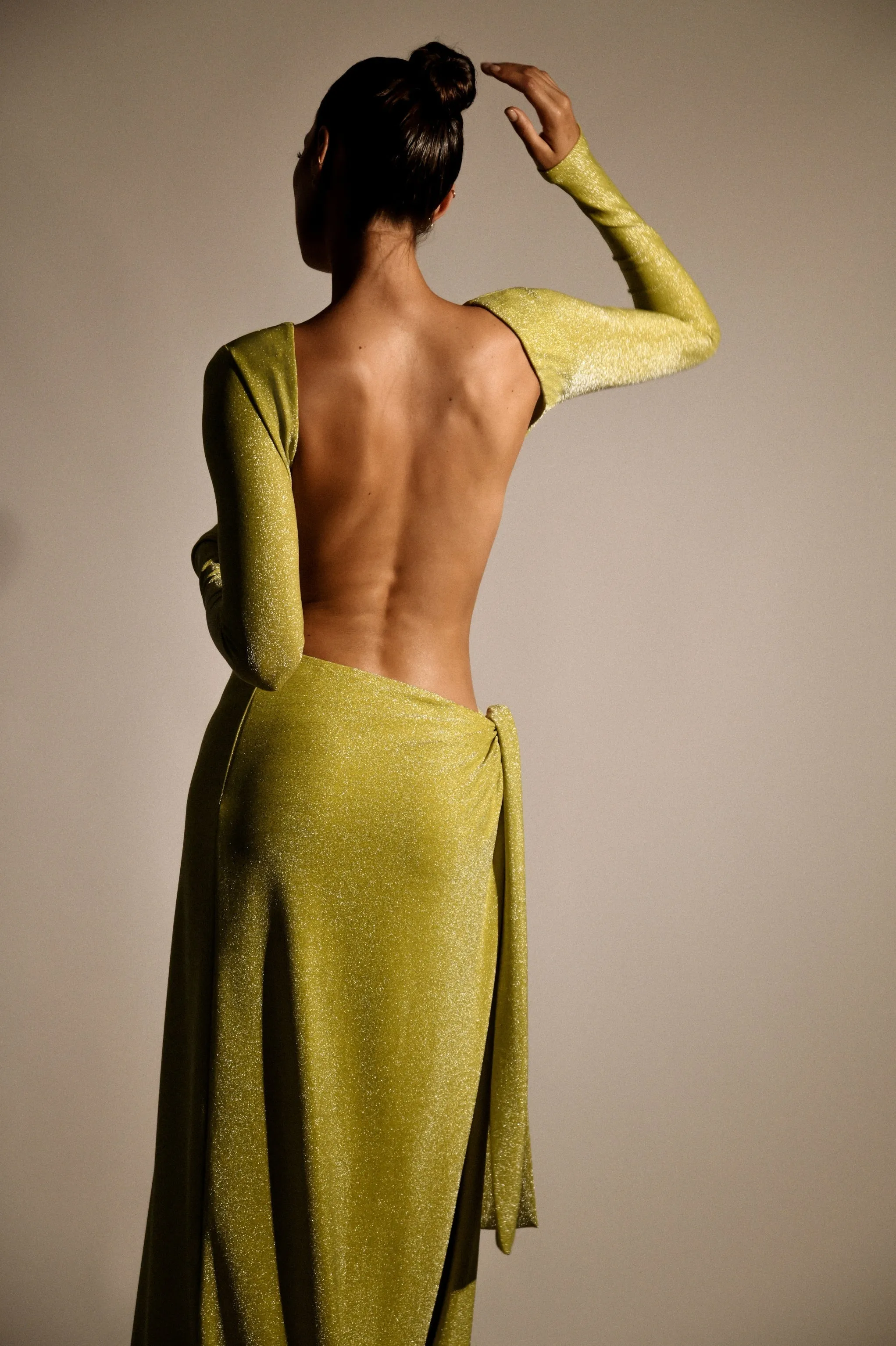 Christina Backless Maxi Wrap Dress - Green Shimmer sold by Meshki product image thumbnail 2
