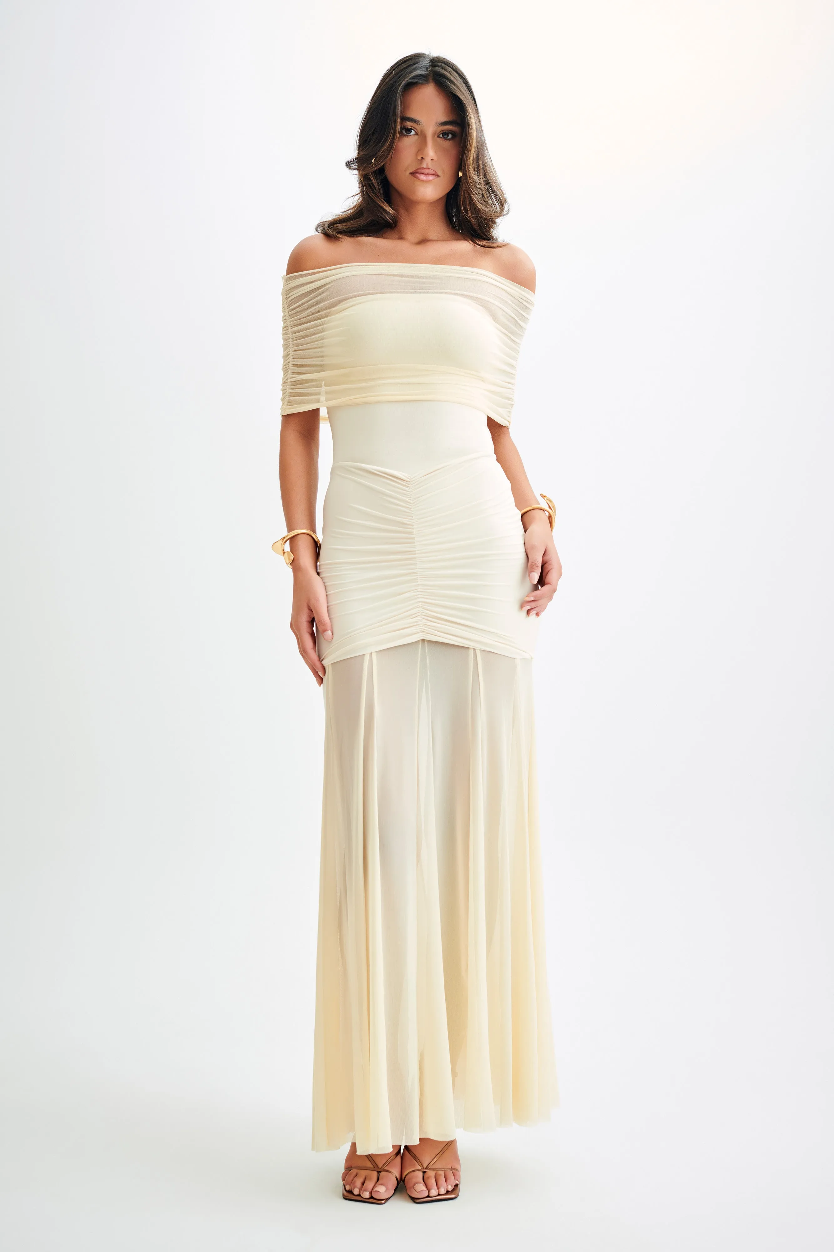 Caspian Slinky And Mesh Off Shoulder Maxi Dress - Ivory sold by Meshki