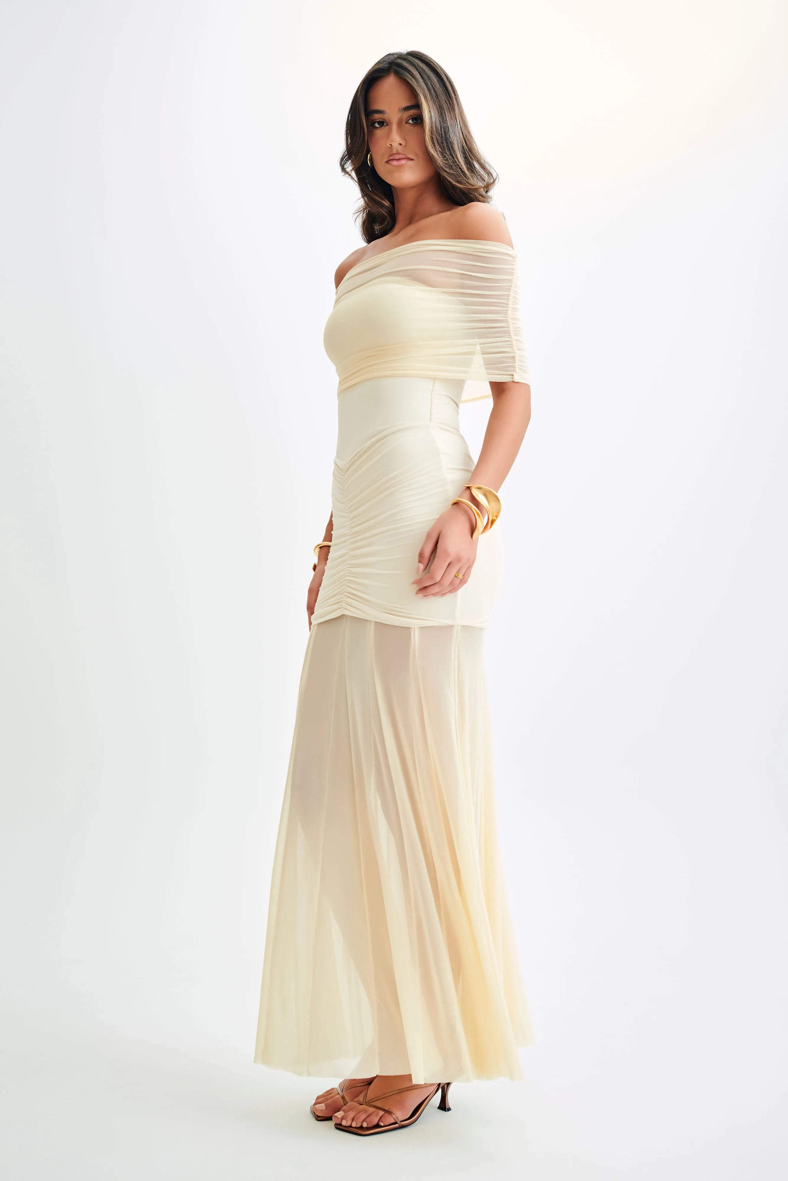 Caspian Slinky And Mesh Off Shoulder Maxi Dress - Ivory sold by Meshki product image thumbnail 5