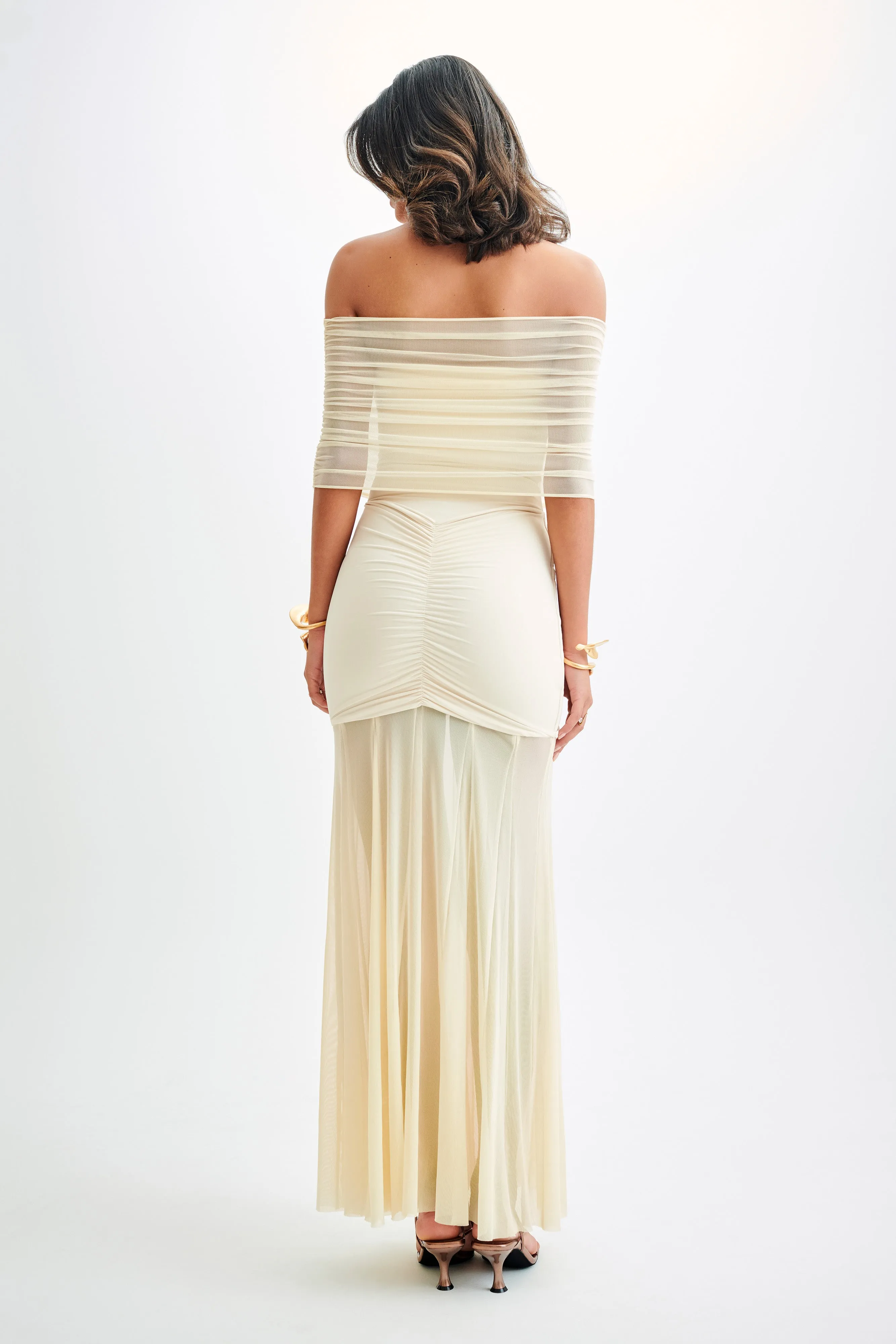 Caspian Slinky And Mesh Off Shoulder Maxi Dress - Ivory sold by Meshki product image thumbnail 2