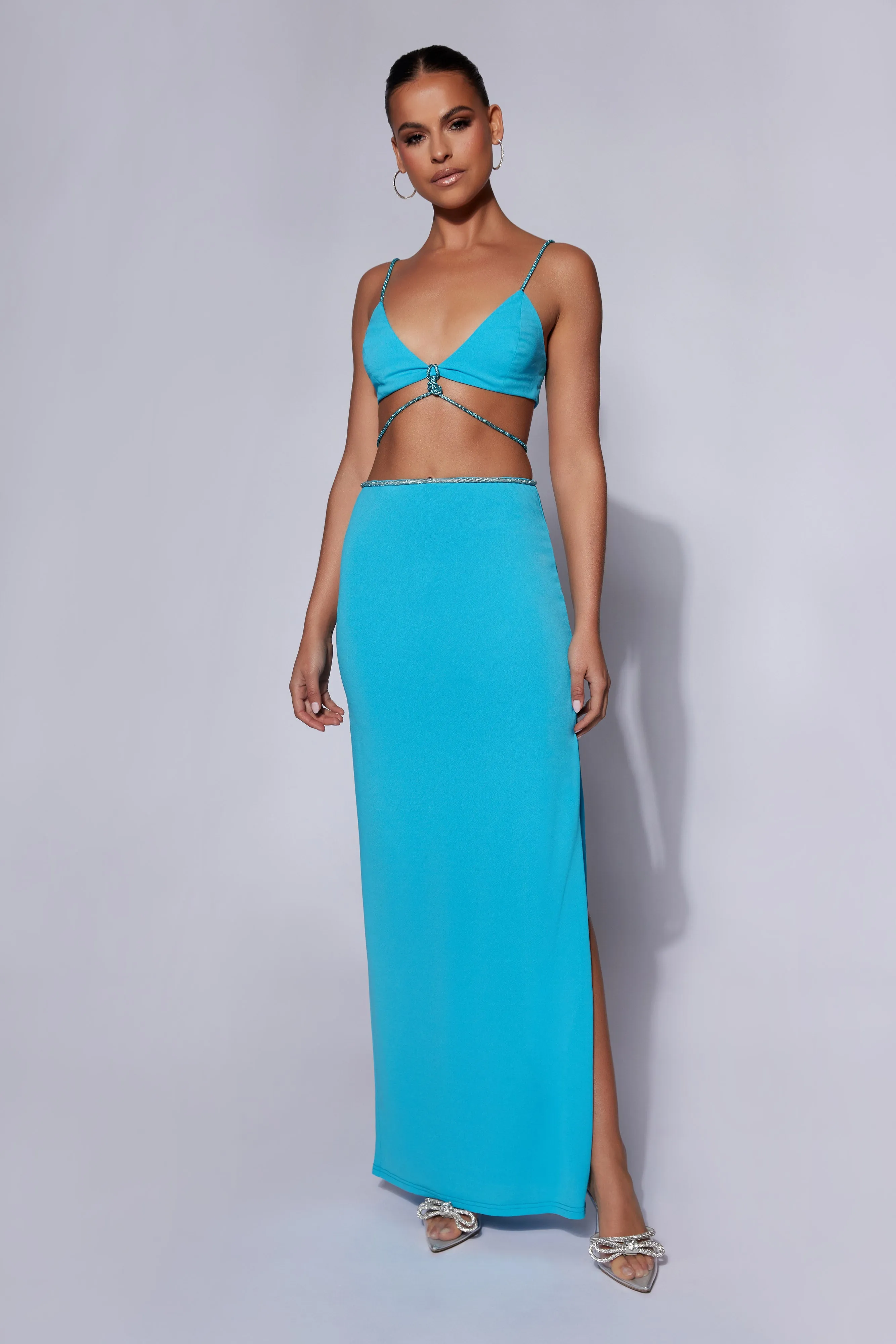 Sweeney Diamante Maxi Skirt With Split - Cyan Blue sold by Meshki product image thumbnail 3
