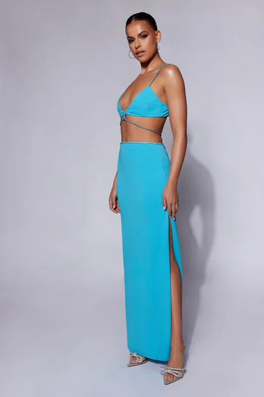 Sweeney Diamante Maxi Skirt With Split - Cyan Blue sold by Meshki