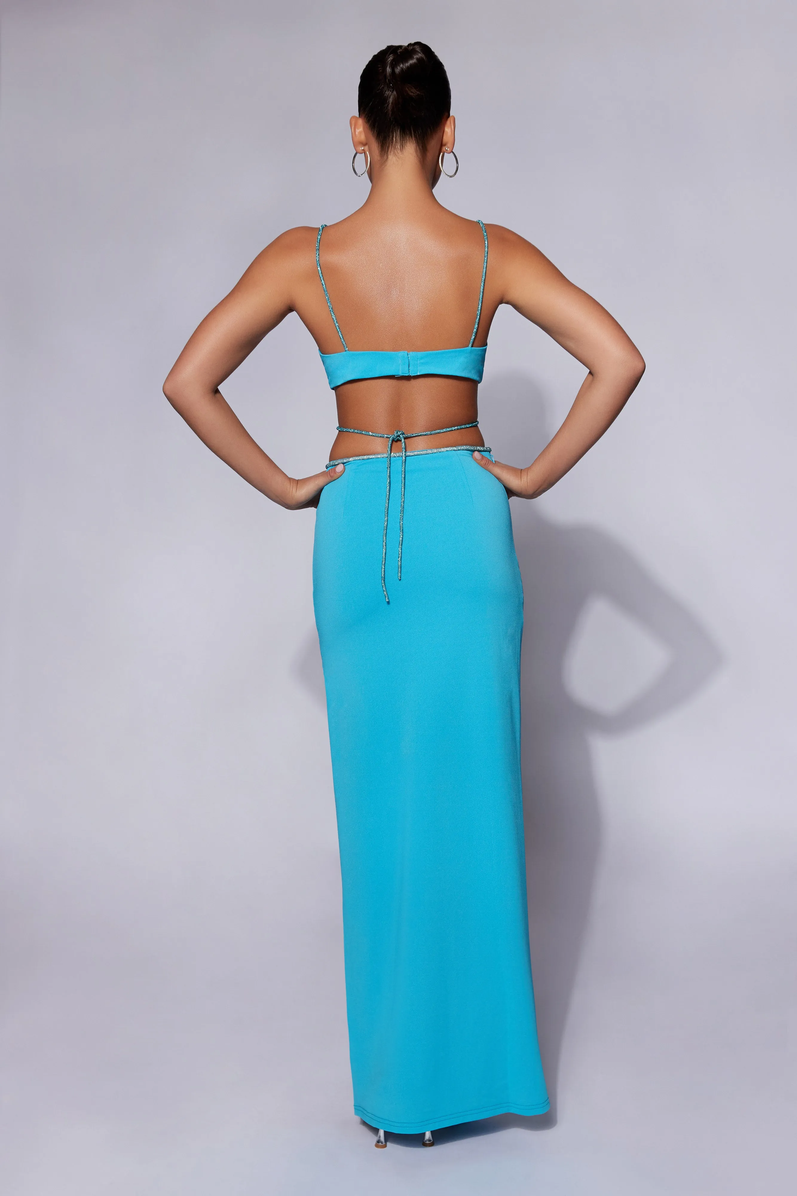 Sweeney Diamante Maxi Skirt With Split - Cyan Blue sold by Meshki product image thumbnail 2