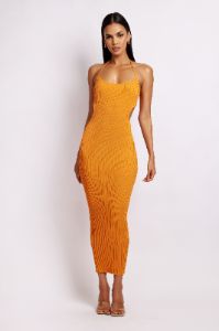 Morgan Halter Knit Midi Dress - Tangerine sold by Meshki