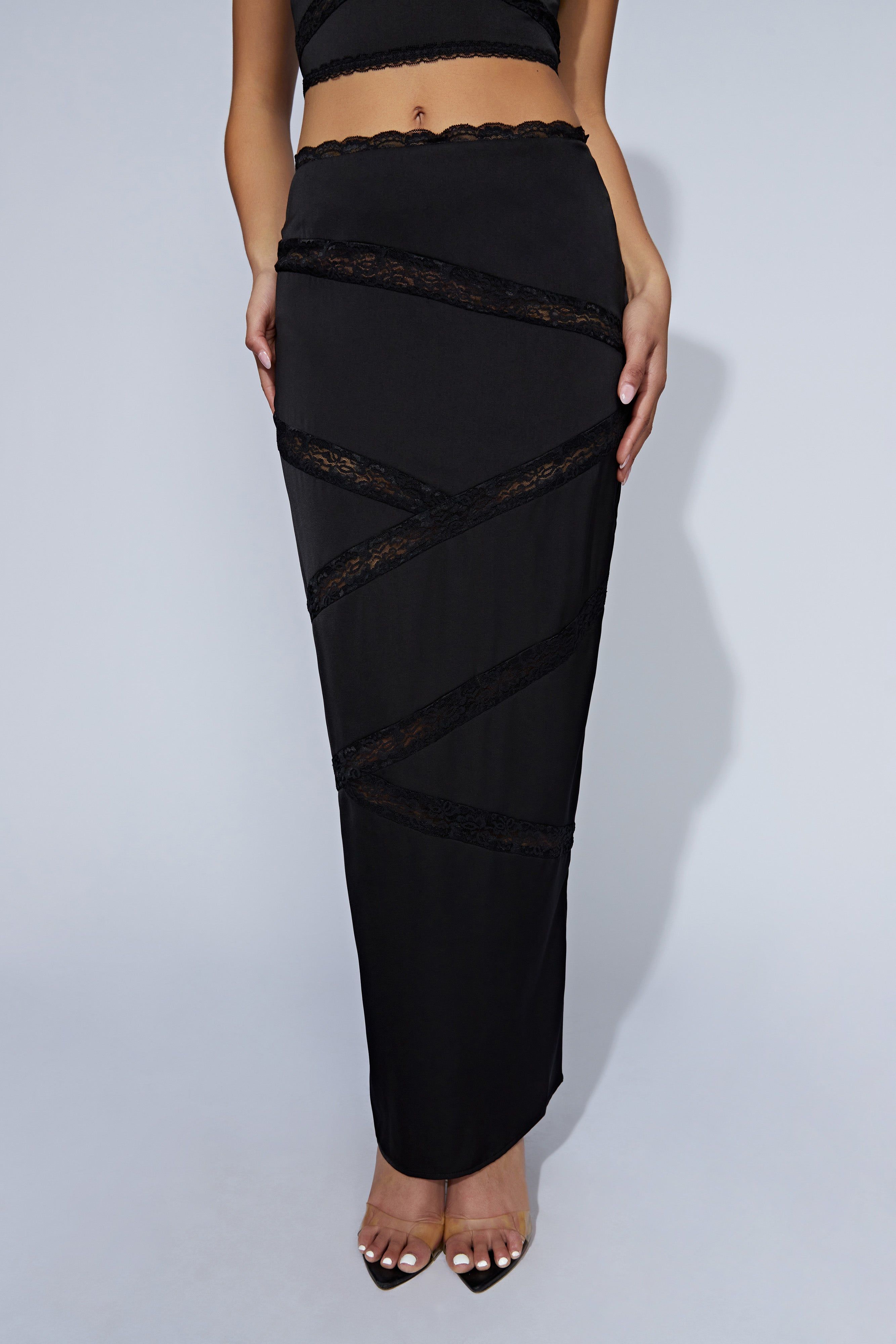 Monet Spliced Lace Midi Skirt - Black sold by Meshki product image thumbnail 2