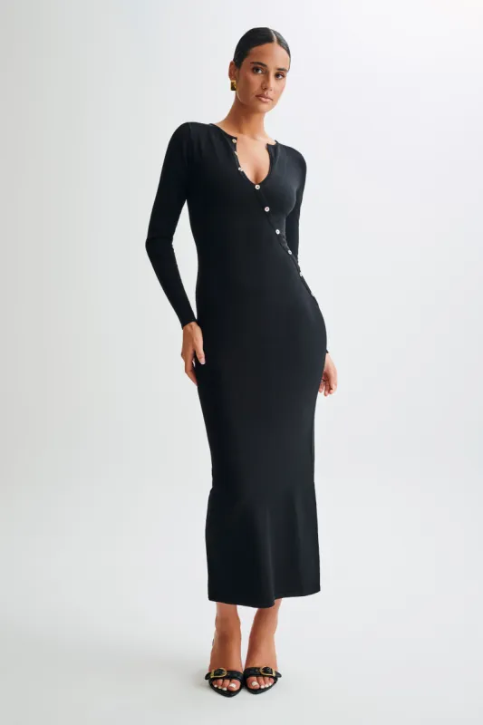 Maria Long Sleeve Buttoned Knit Maxi Dress - Black sold by Meshki