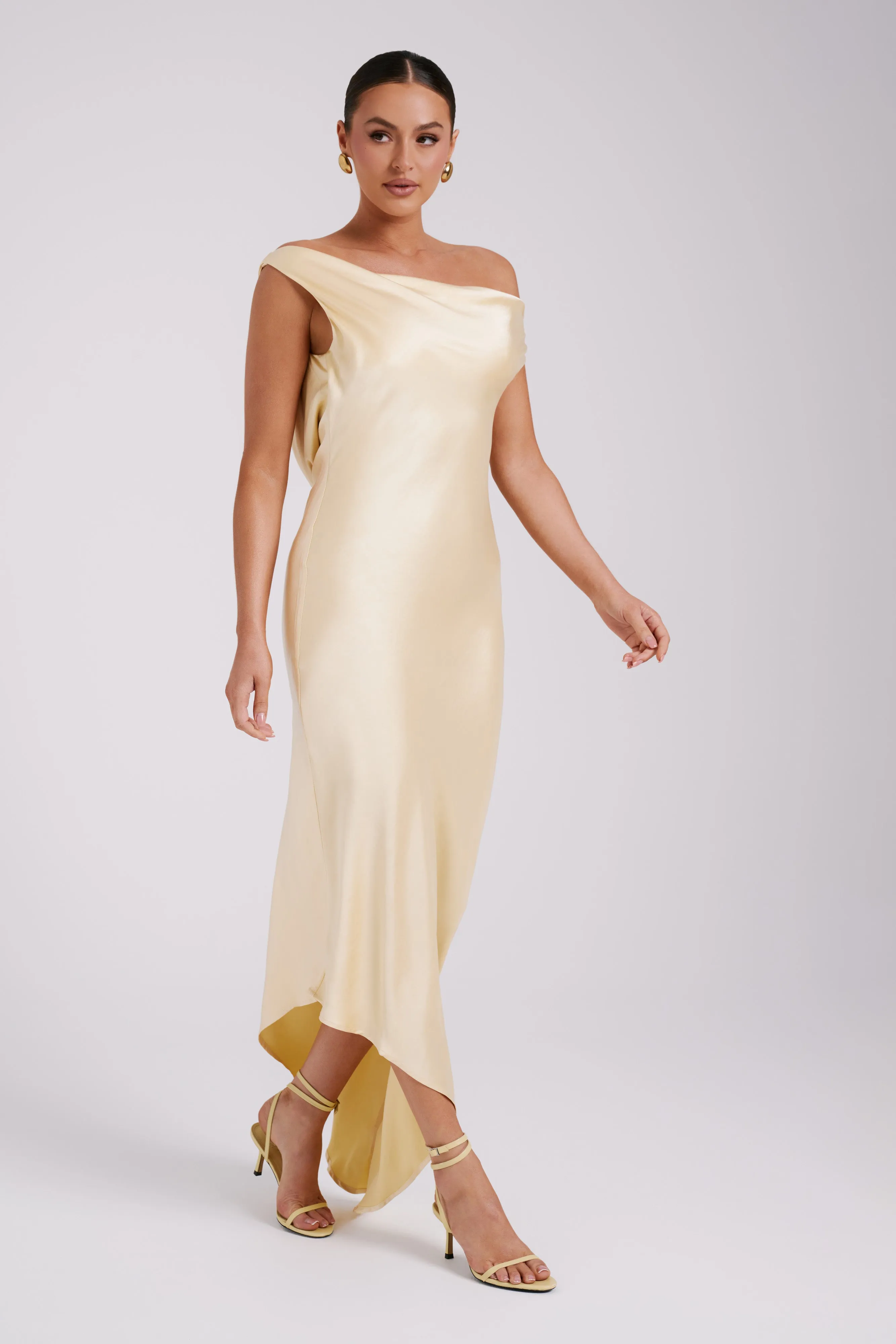 Yvette Slip Maxi Dress With Asymmetrical Hem - Butter sold by Meshki product image thumbnail 4
