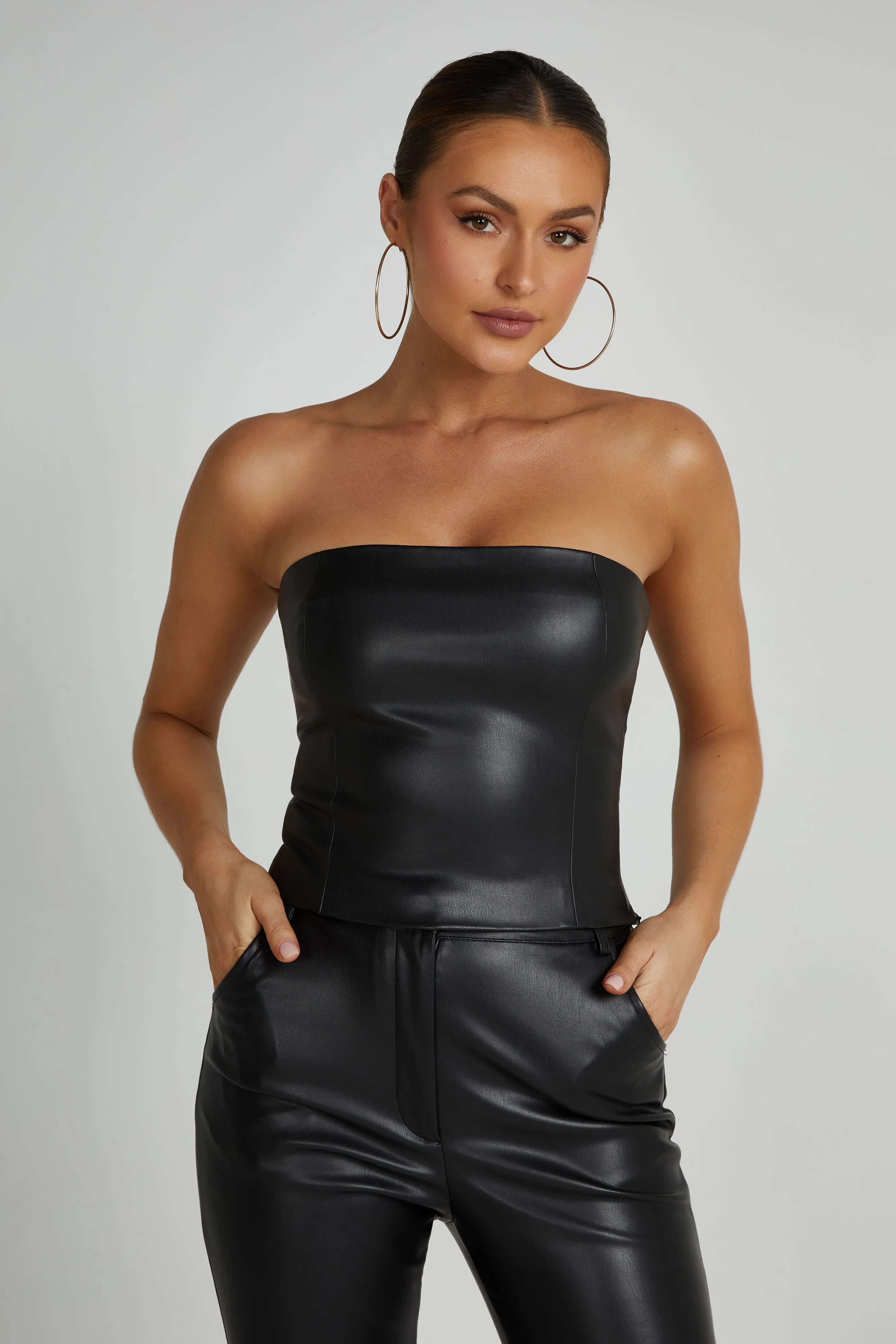 Pamela Faux Leather Strapless Crop Top - Black sold by Meshki
