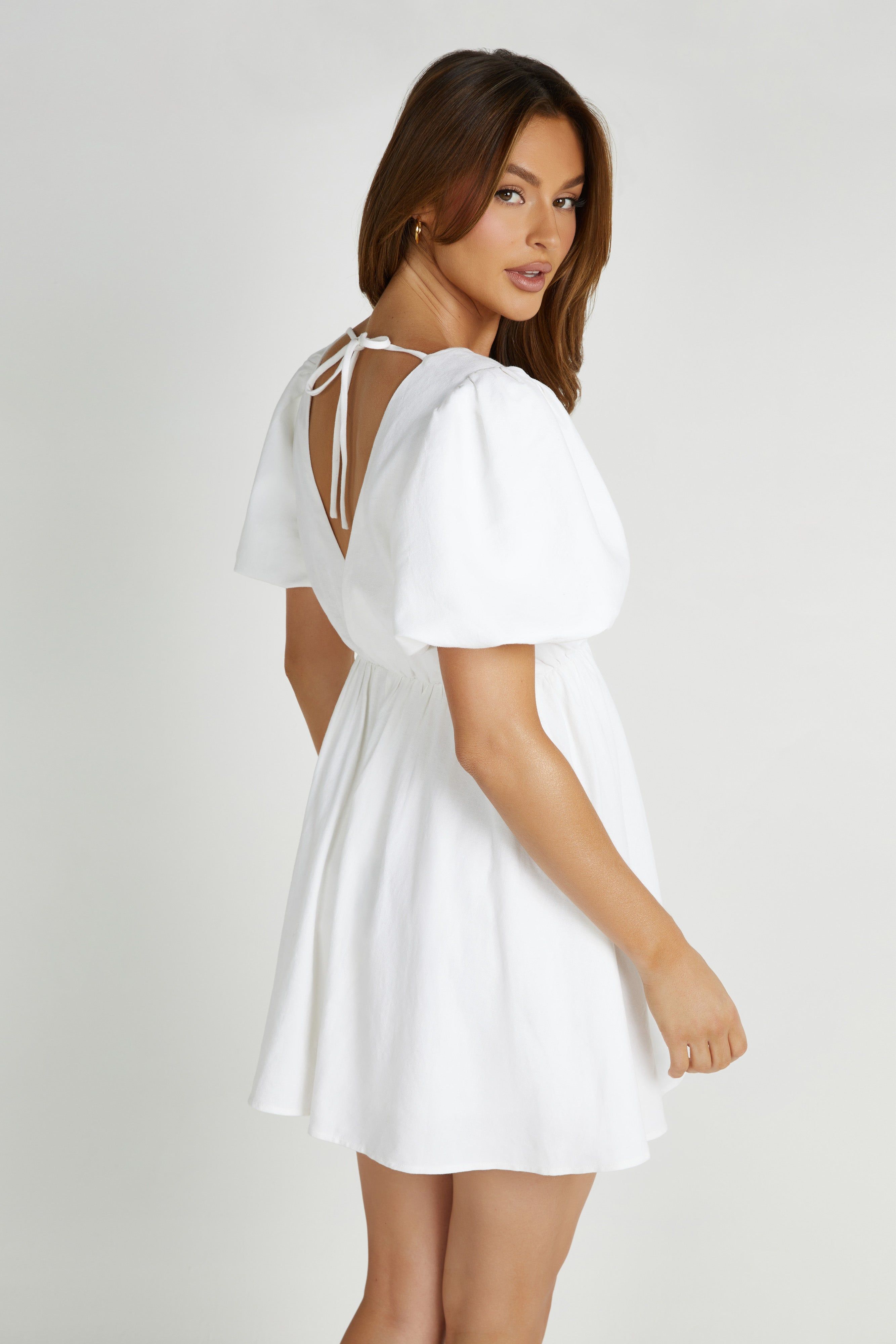 Myrah Puff Sleeve Linen Mini Dress - White sold by Meshki product image thumbnail 3