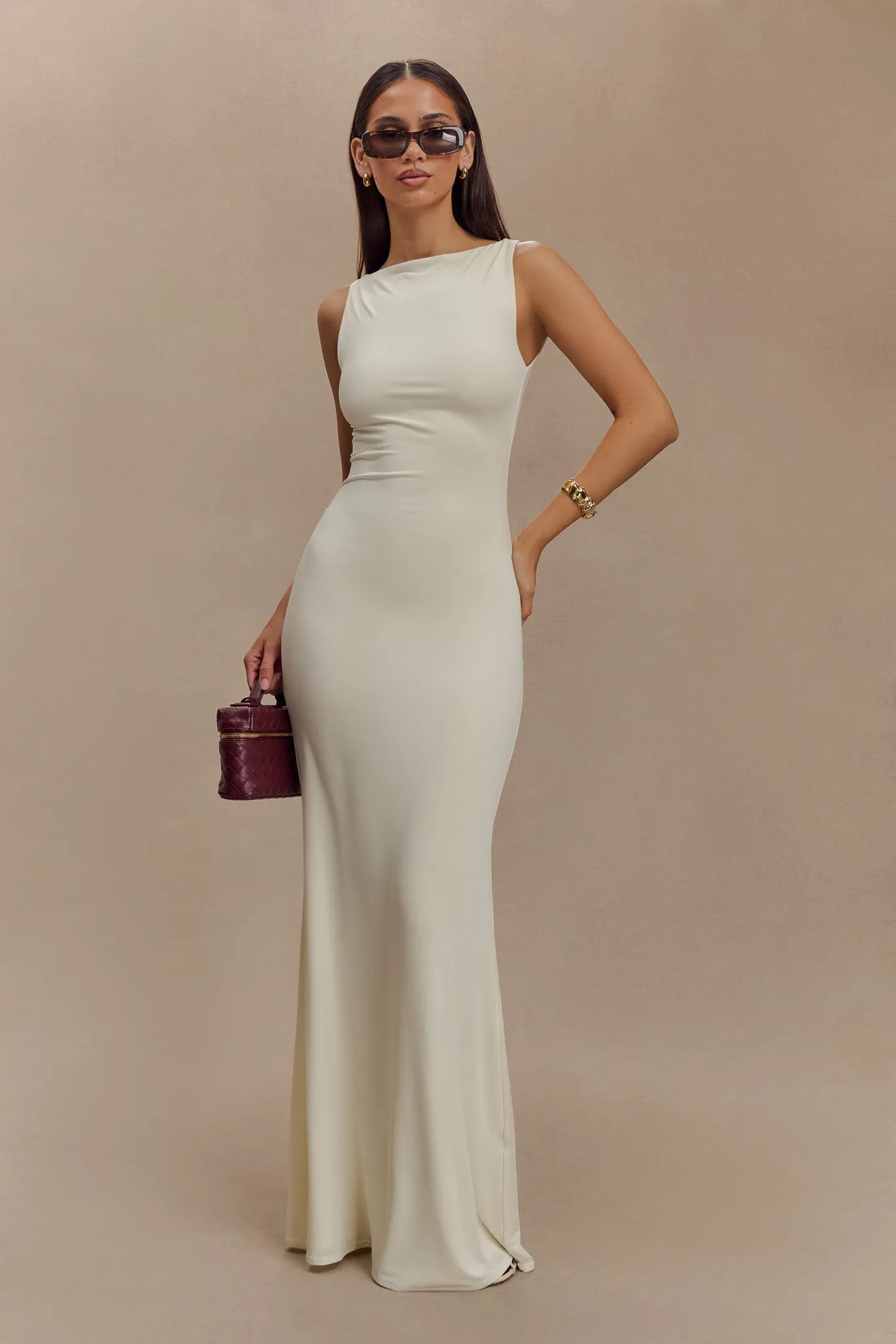 Tarna Sleeveless Slinky Maxi Dress - Bone sold by Meshki