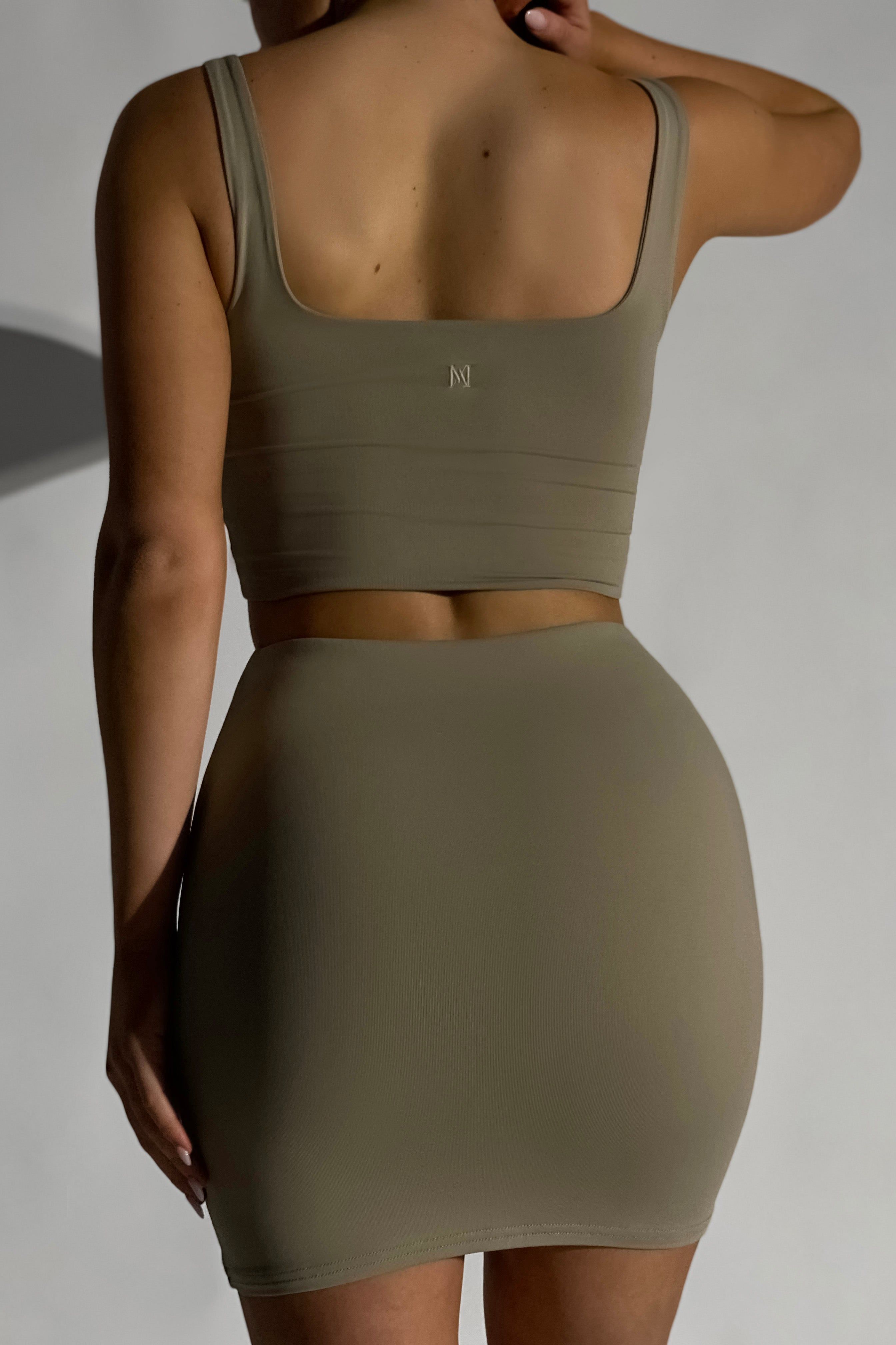 Kara Ruched Front Mini Skirt - Taupe sold by Meshki product image thumbnail 2
