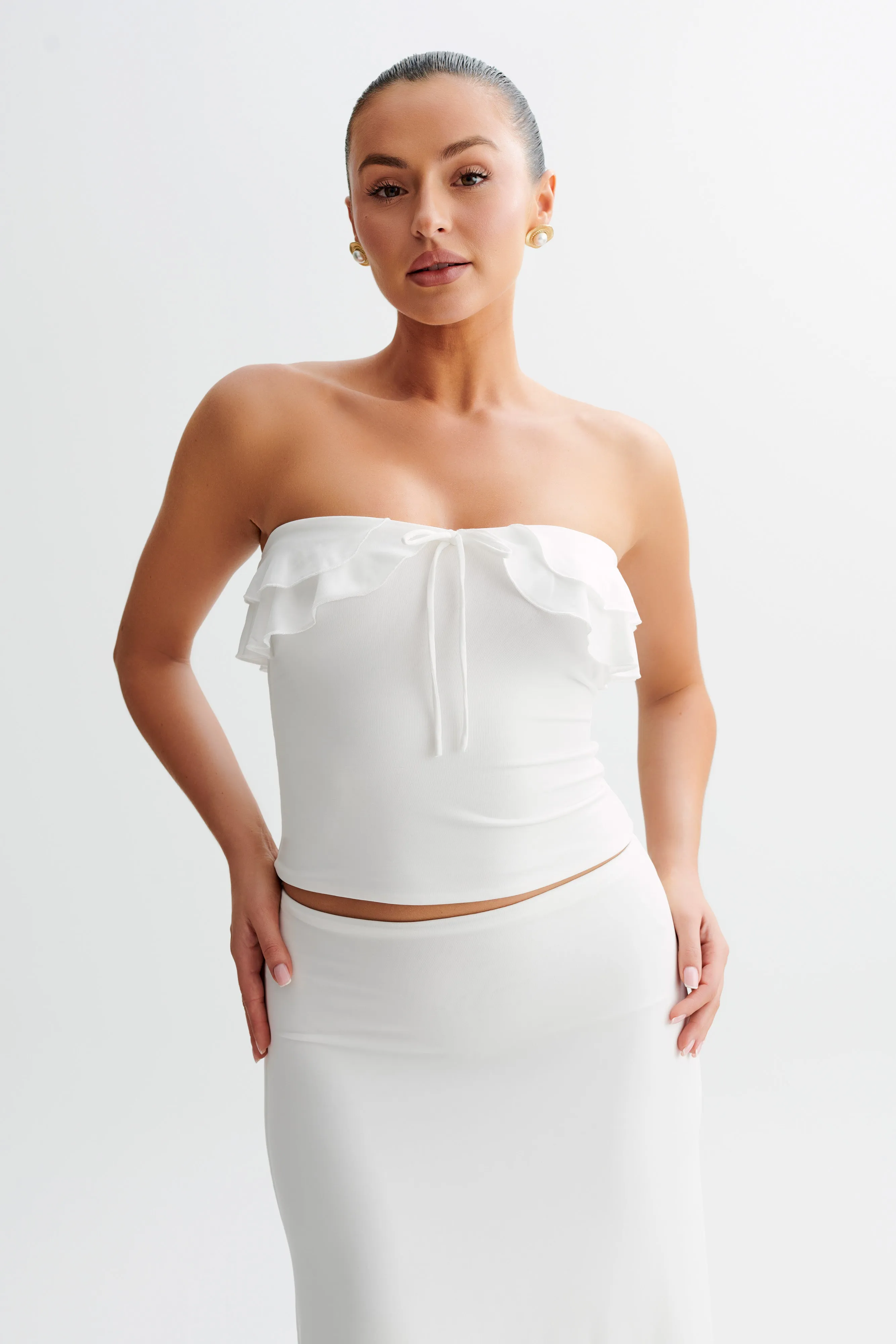 Bea Strapless Slinky Ruffle Top - White sold by Meshki