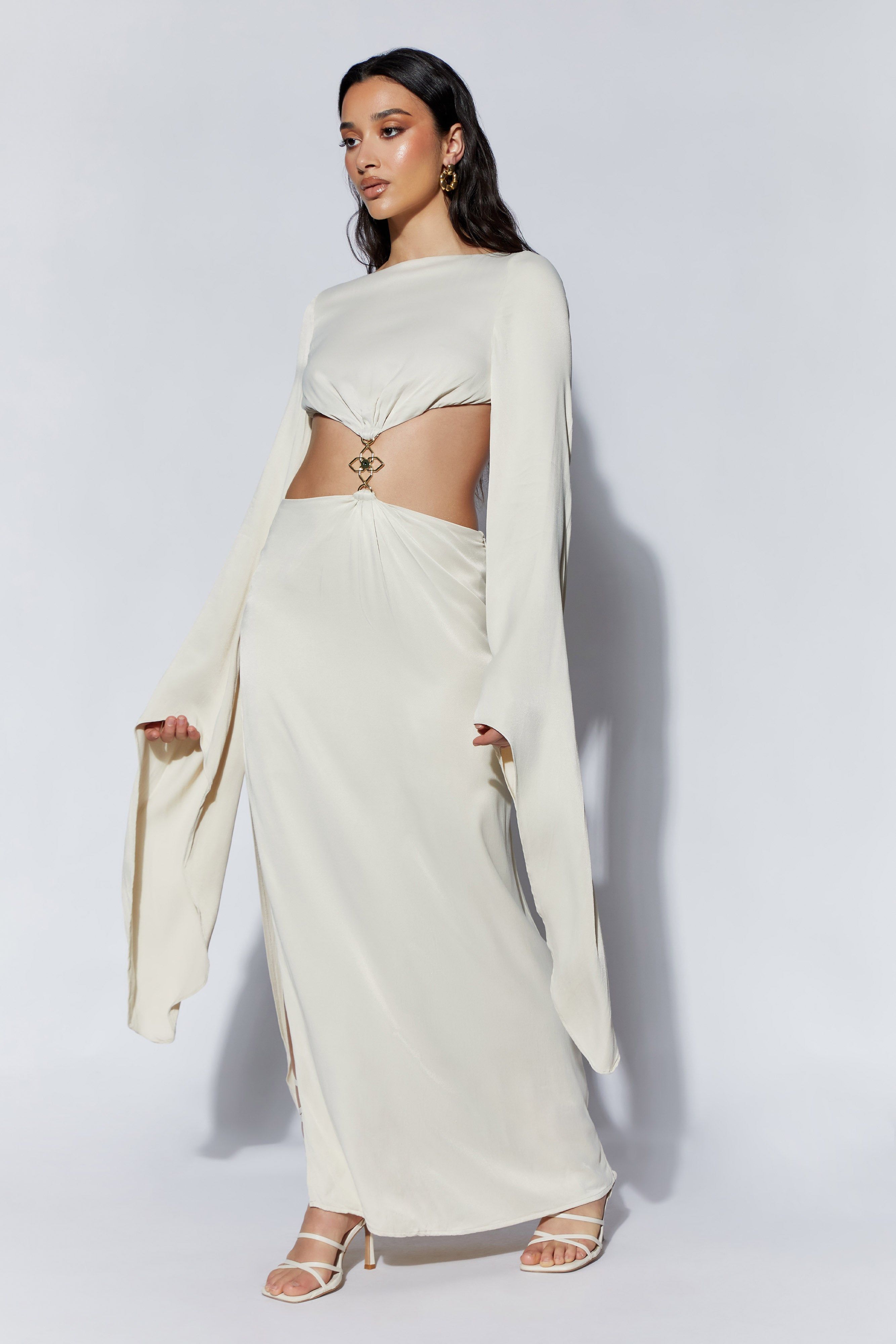 Leyla Flare Sleeve Maxi Dress With High Split - Wheat sold by Meshki product image thumbnail 6