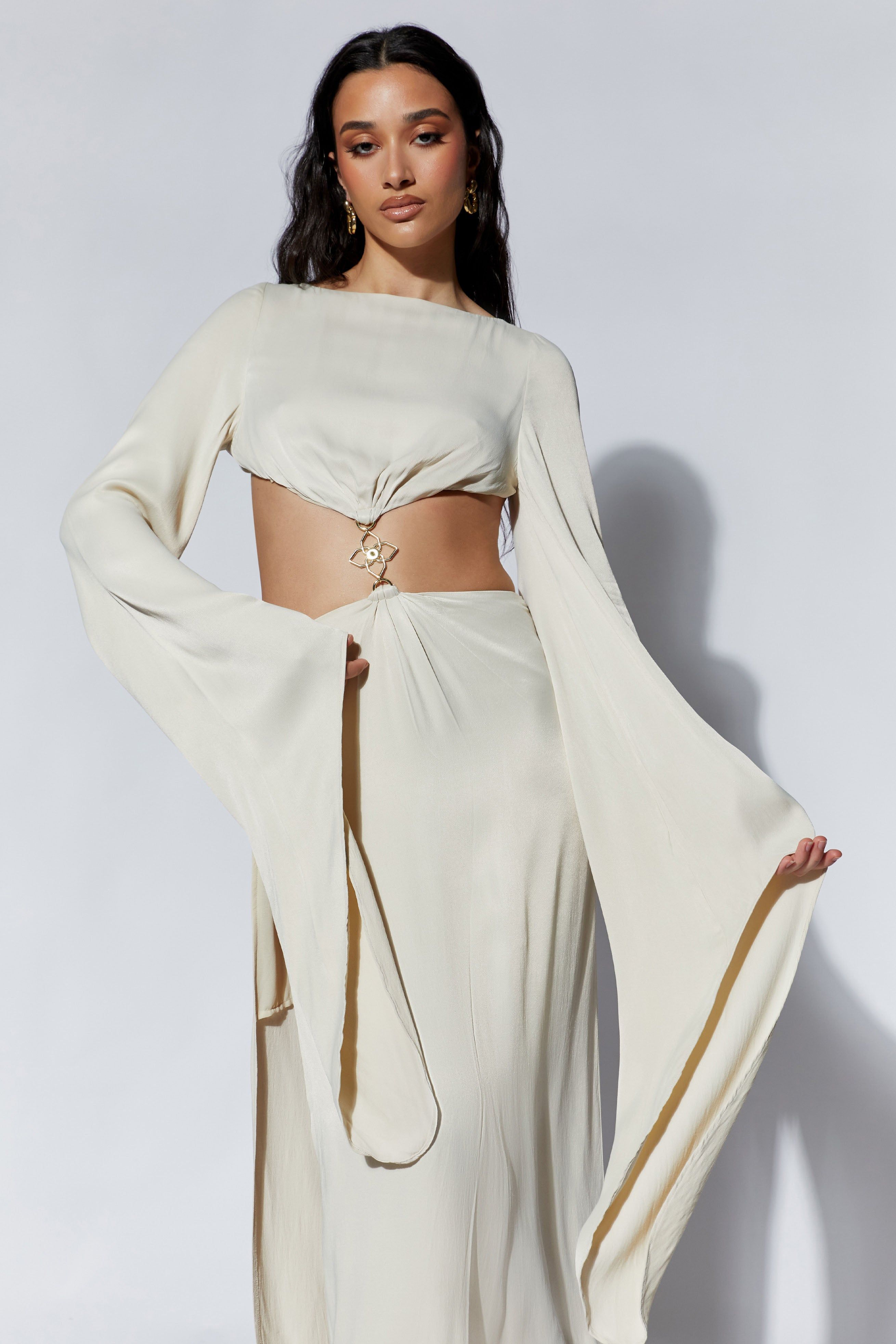 Leyla Flare Sleeve Maxi Dress With High Split - Wheat sold by Meshki product image thumbnail 7