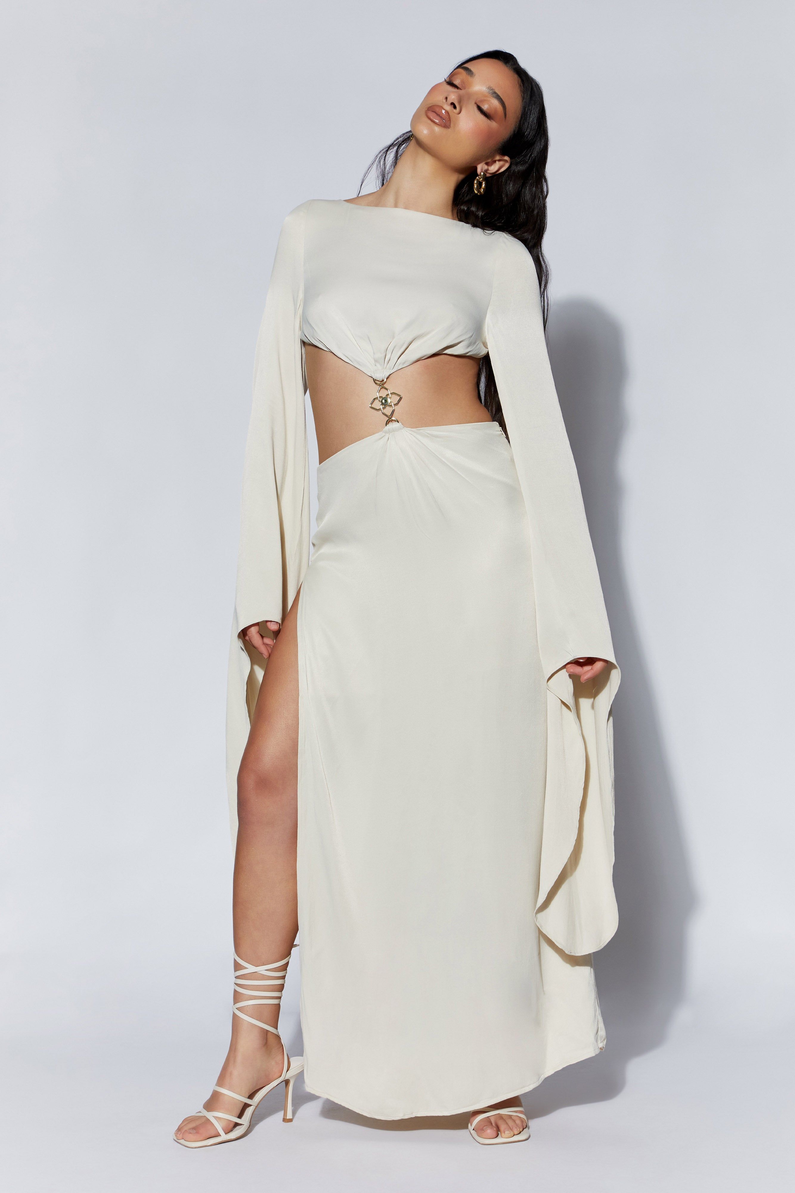 Leyla Flare Sleeve Maxi Dress With High Split - Wheat sold by Meshki