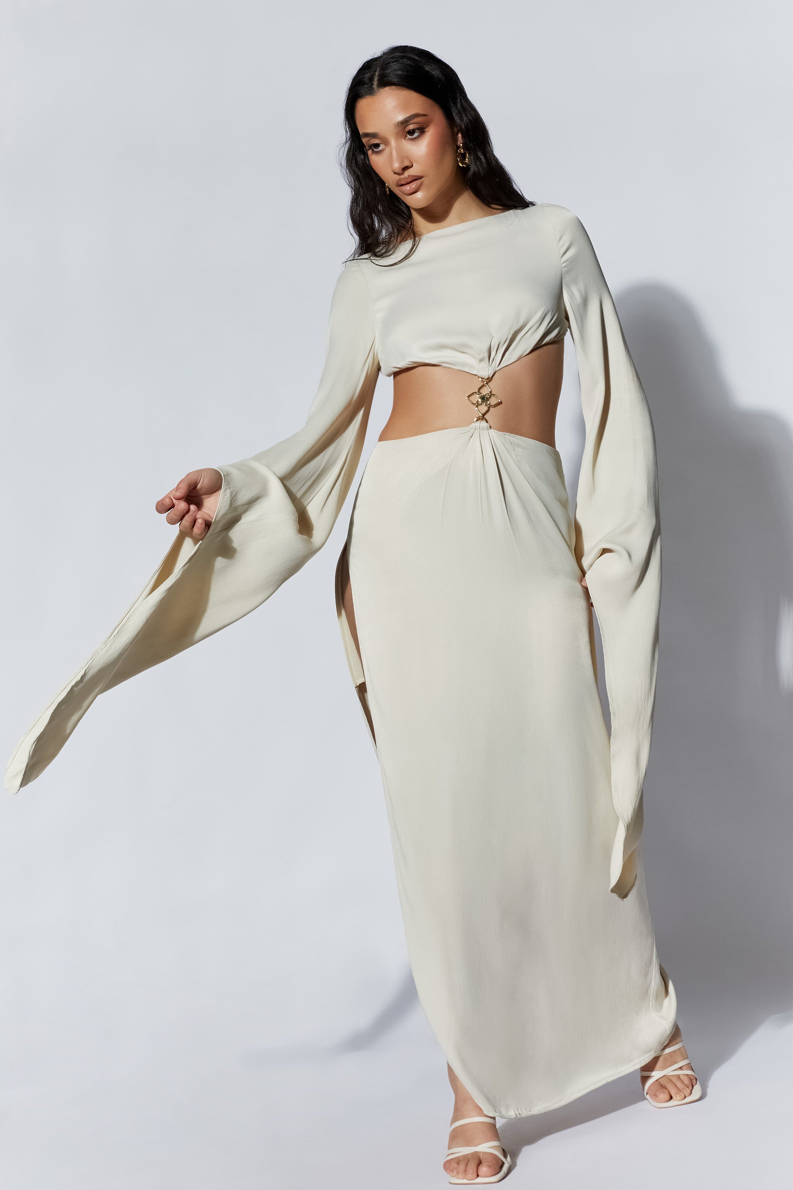 Leyla Flare Sleeve Maxi Dress With High Split - Wheat sold by Meshki product image thumbnail 8