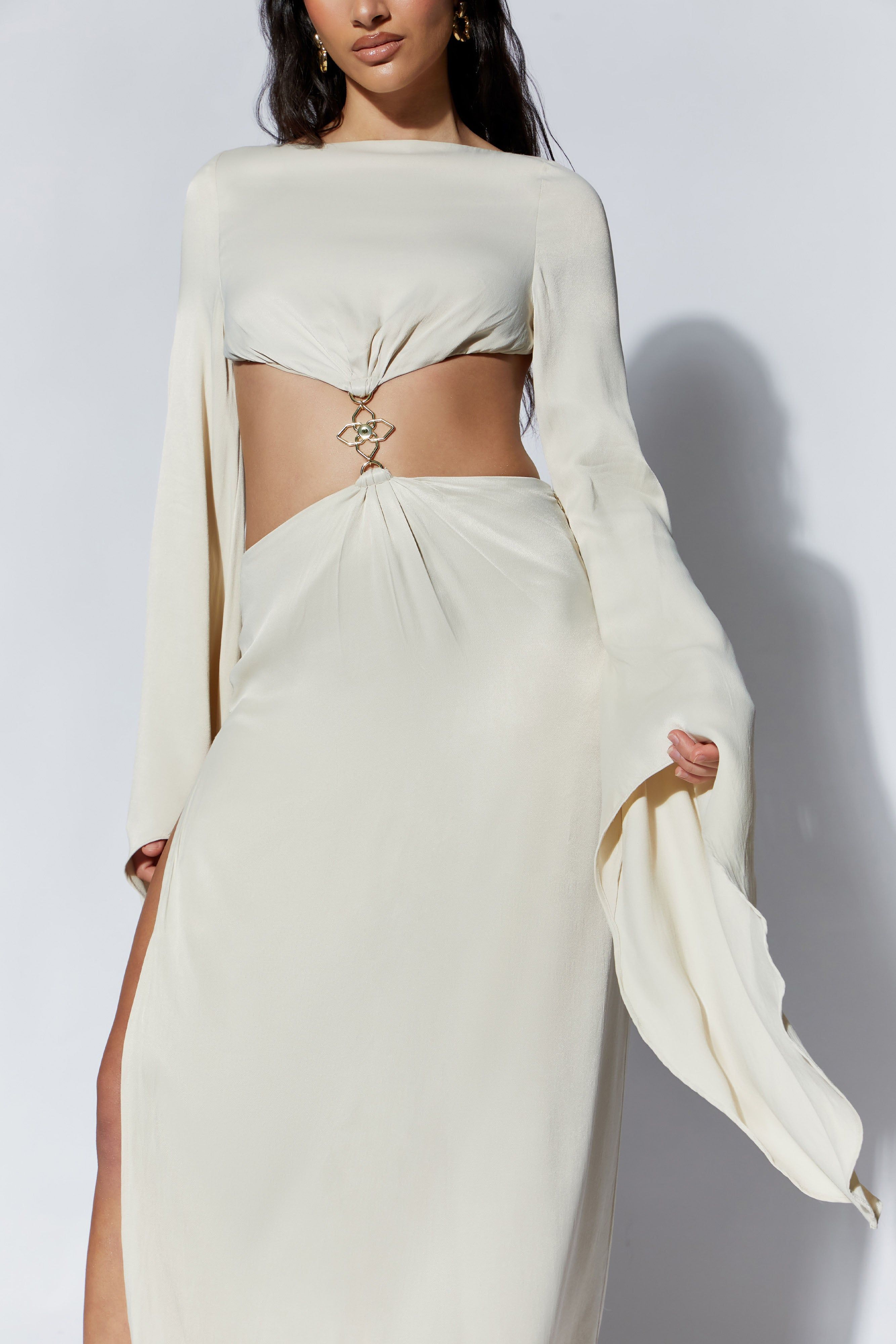 Leyla Flare Sleeve Maxi Dress With High Split - Wheat sold by Meshki product image thumbnail 5