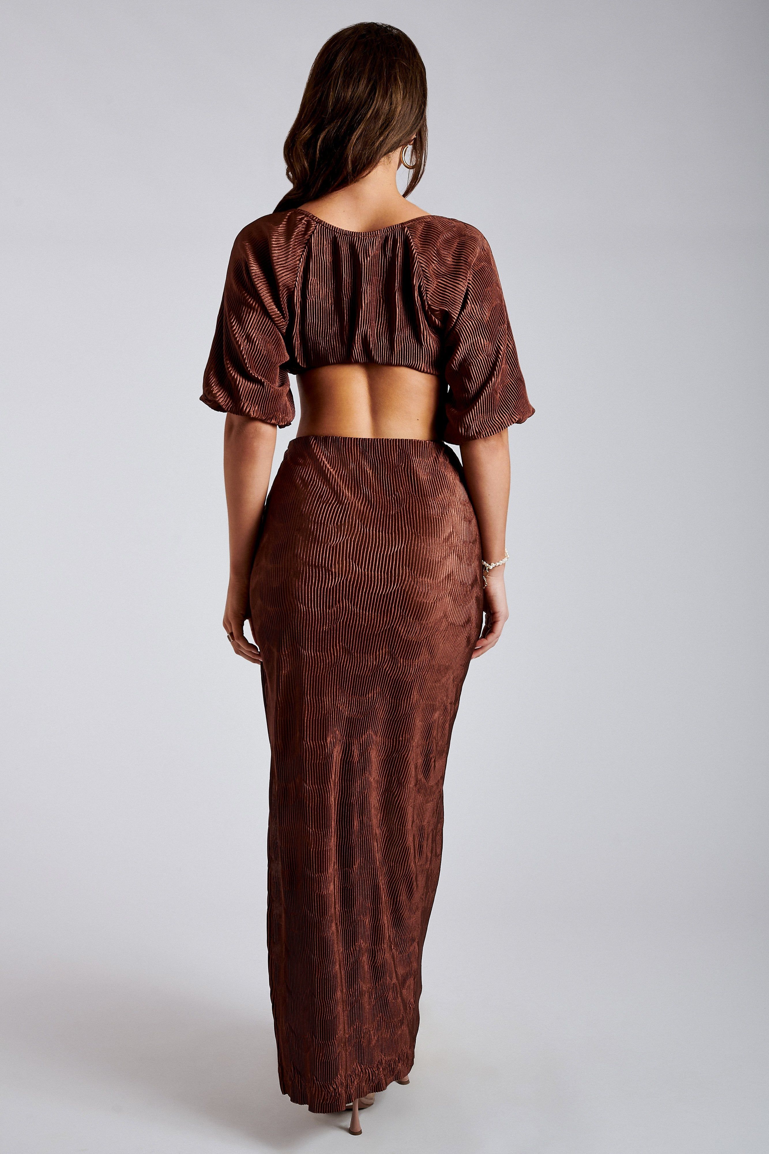 Cyra Pleated Crop Sleeve Top- Chocolate sold by Meshki product image thumbnail 2