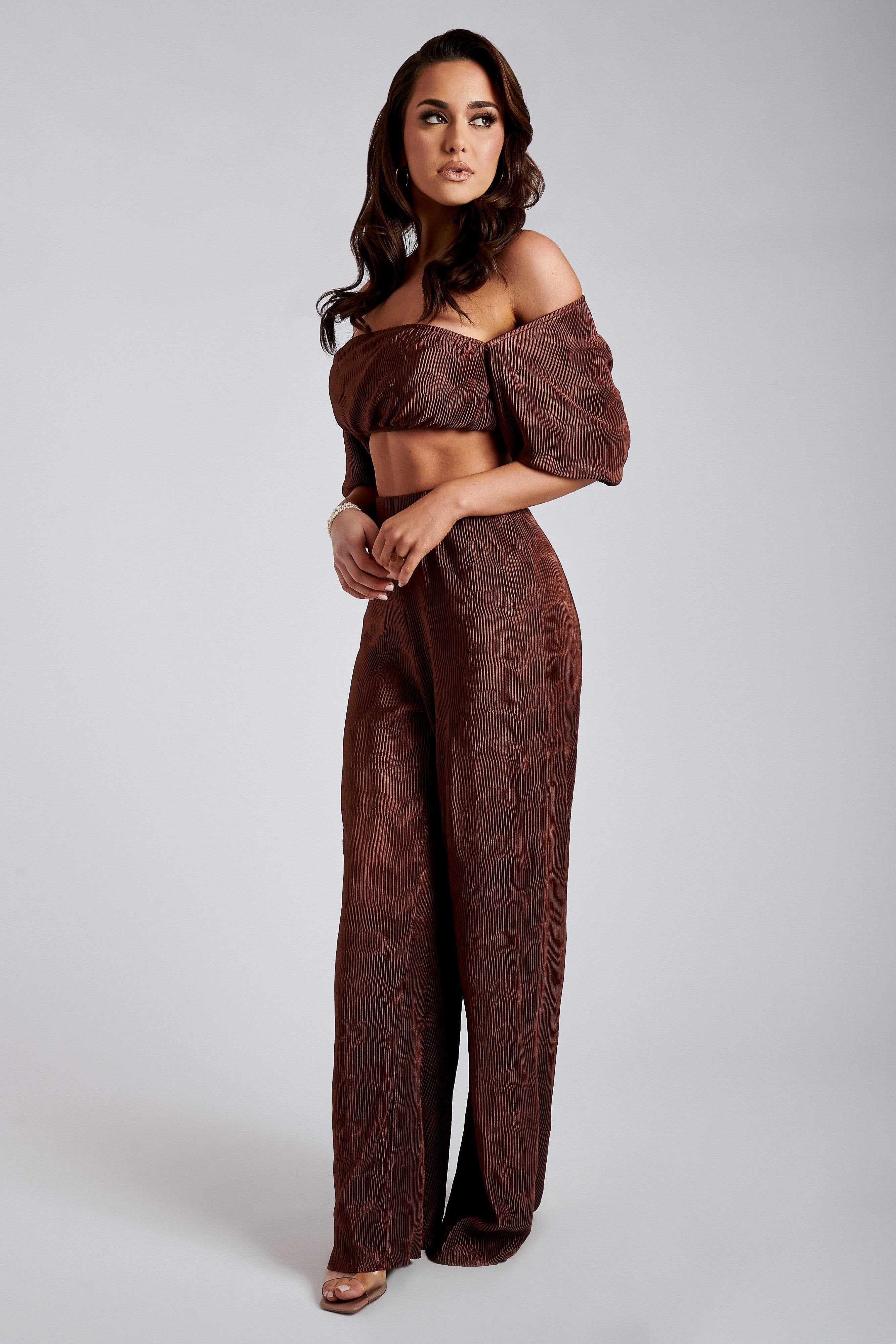 Cyra Pleated Crop Sleeve Top- Chocolate sold by Meshki product image thumbnail 9