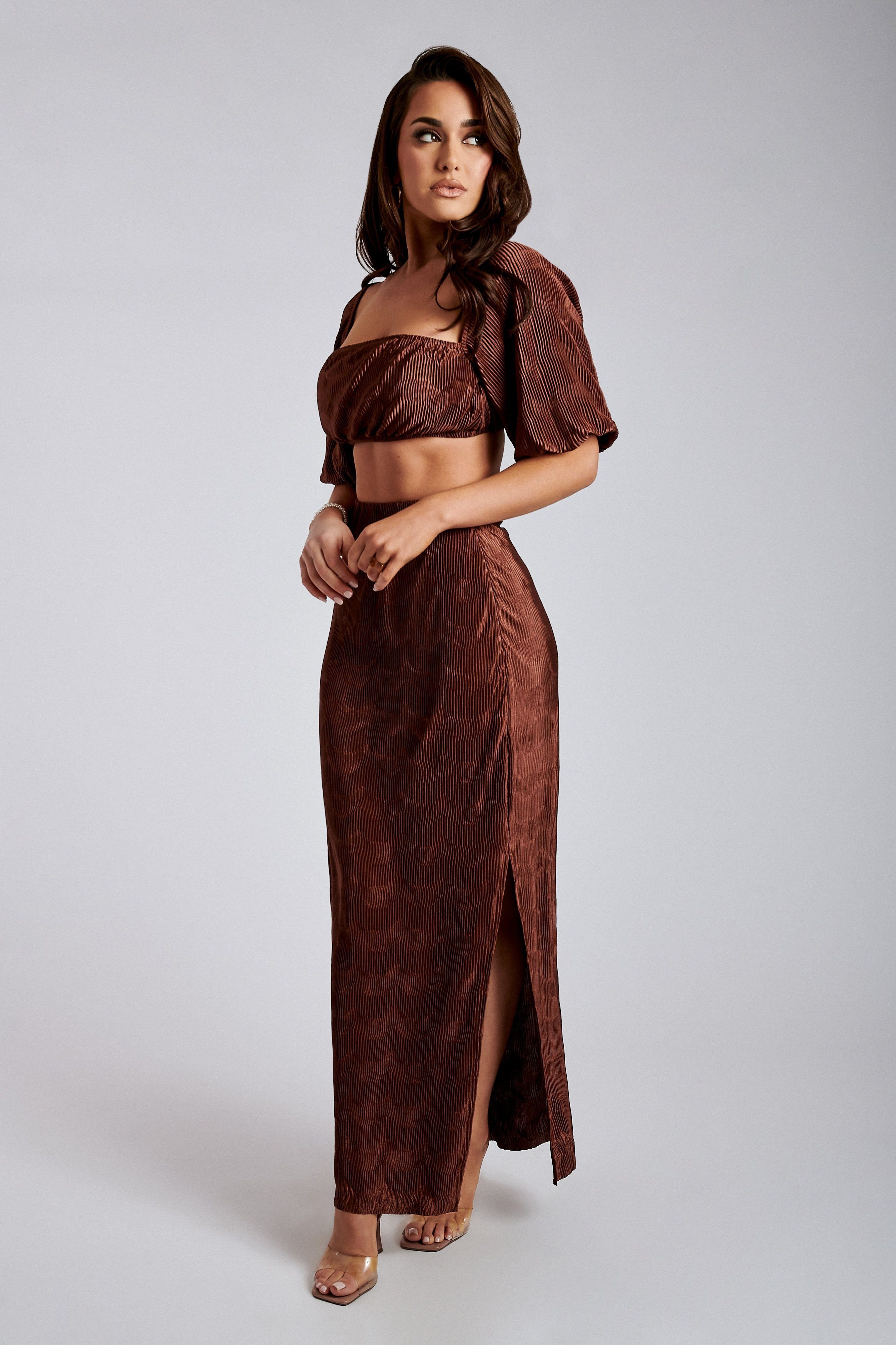 Cyra Pleated Crop Sleeve Top- Chocolate sold by Meshki product image thumbnail 7
