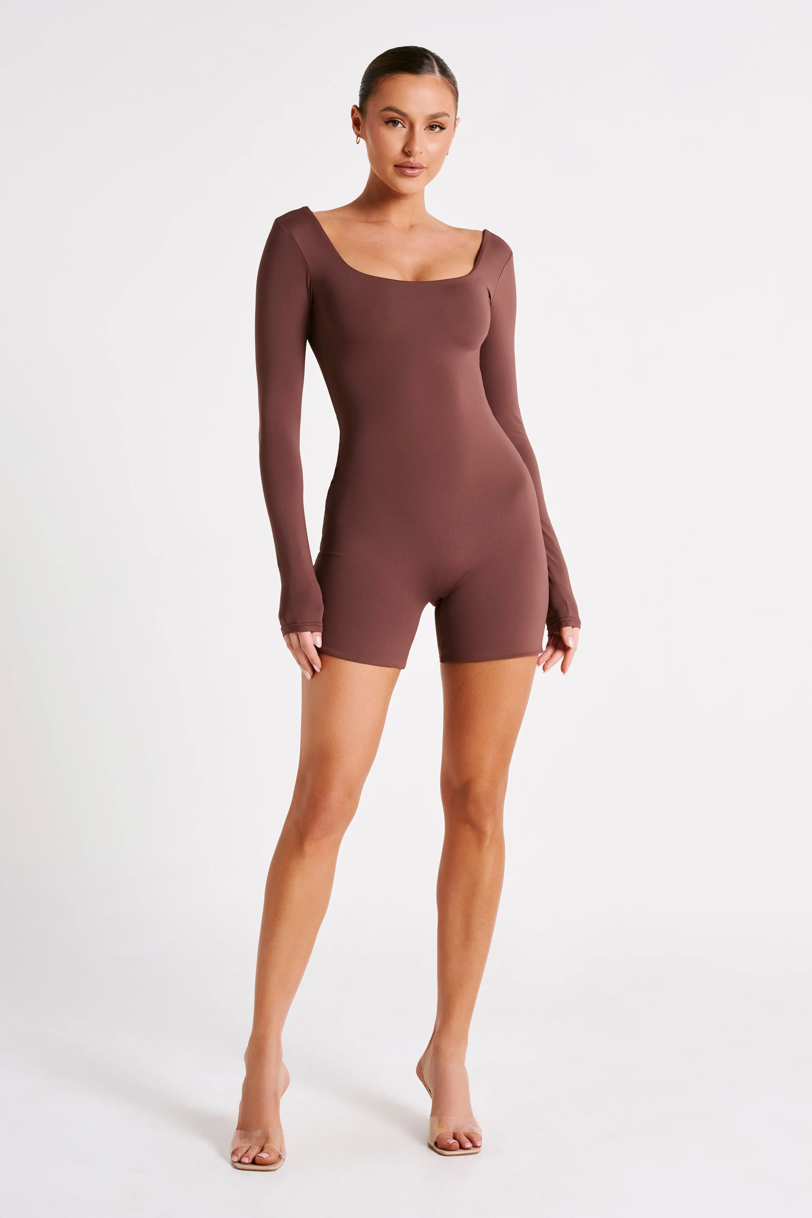 Oakley Recycled Nylon Long Sleeve Playsuit - Mocha sold by Meshki product image thumbnail 4
