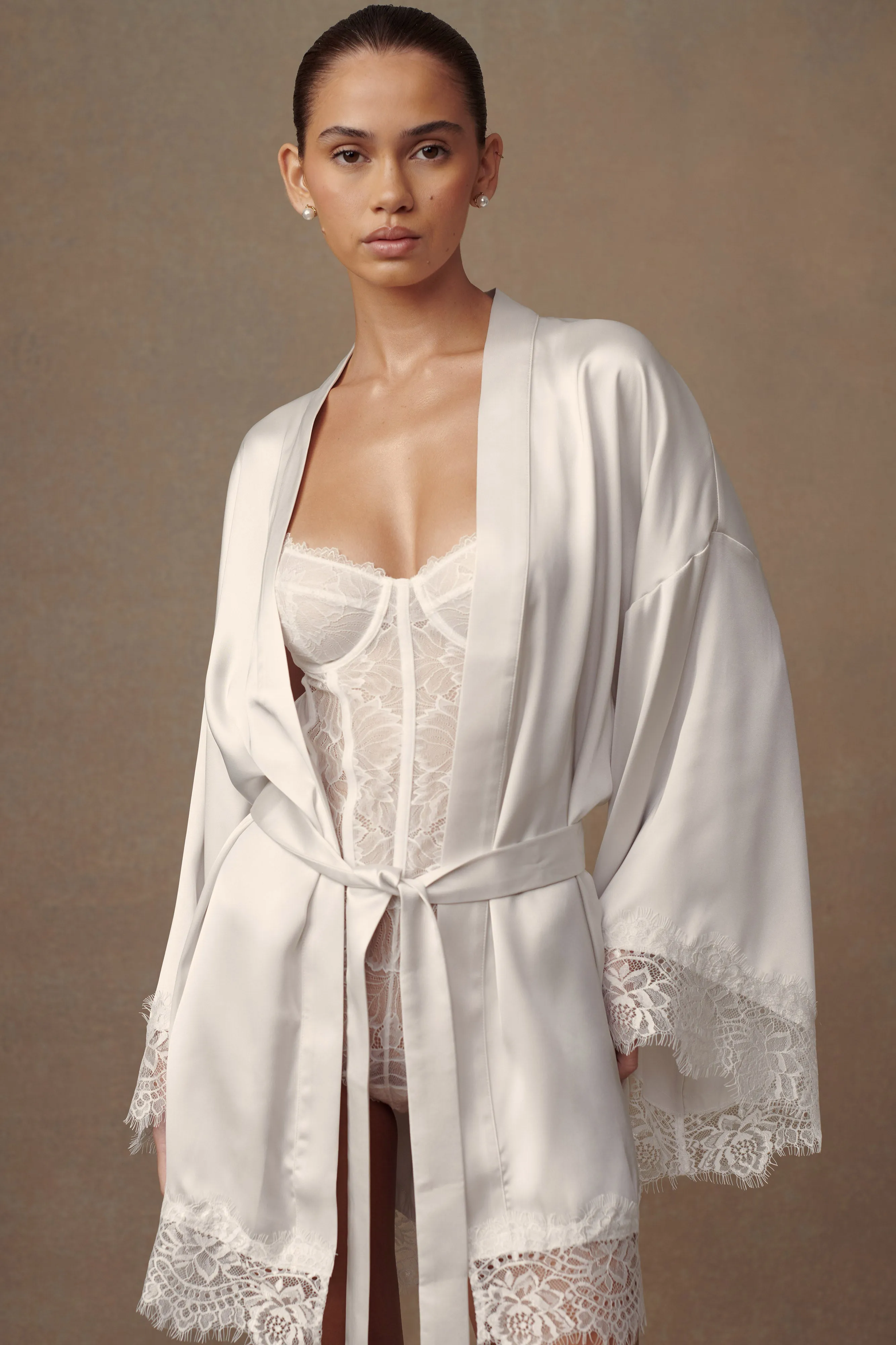 Annabeth Lace Trim Bridal Robe - White sold by Meshki product image thumbnail 3
