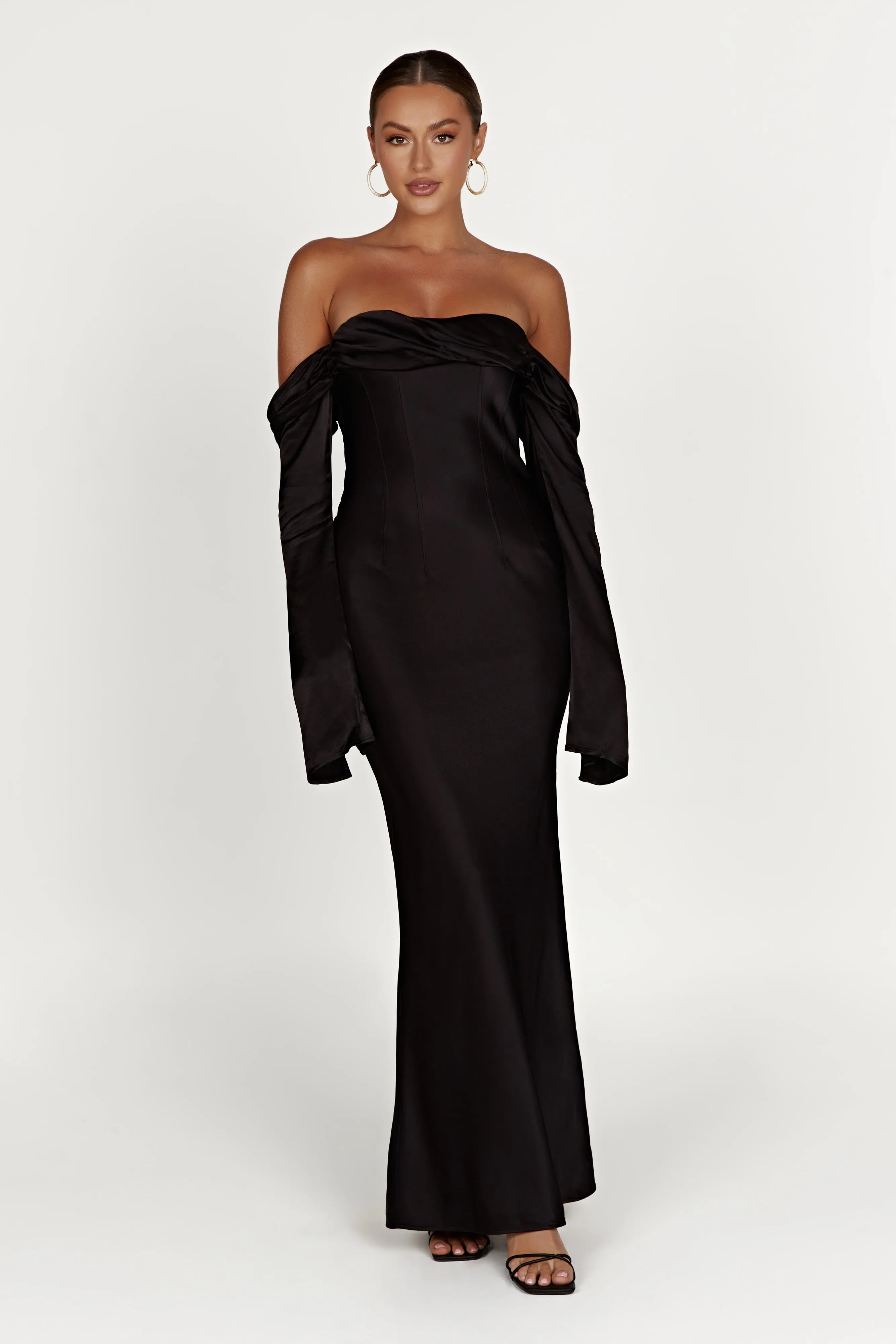 Giselle Off Shoulder Cowl Neck Maxi Dress - Black sold by Meshki