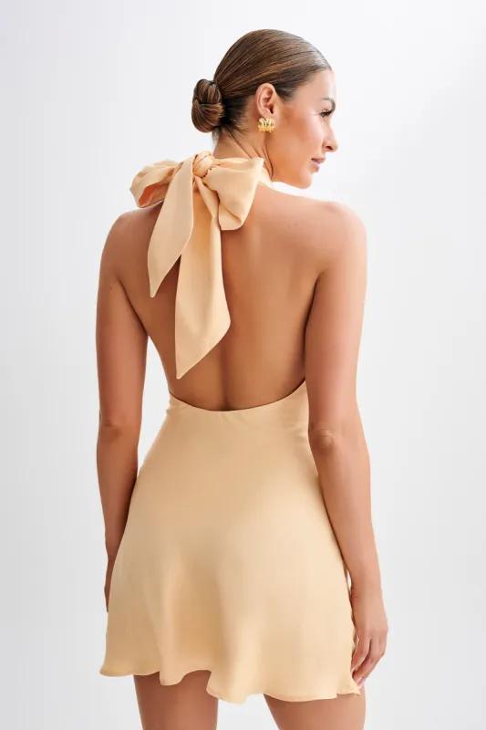 Francine Satin Halter Mini Dress - Peach sold by Meshki