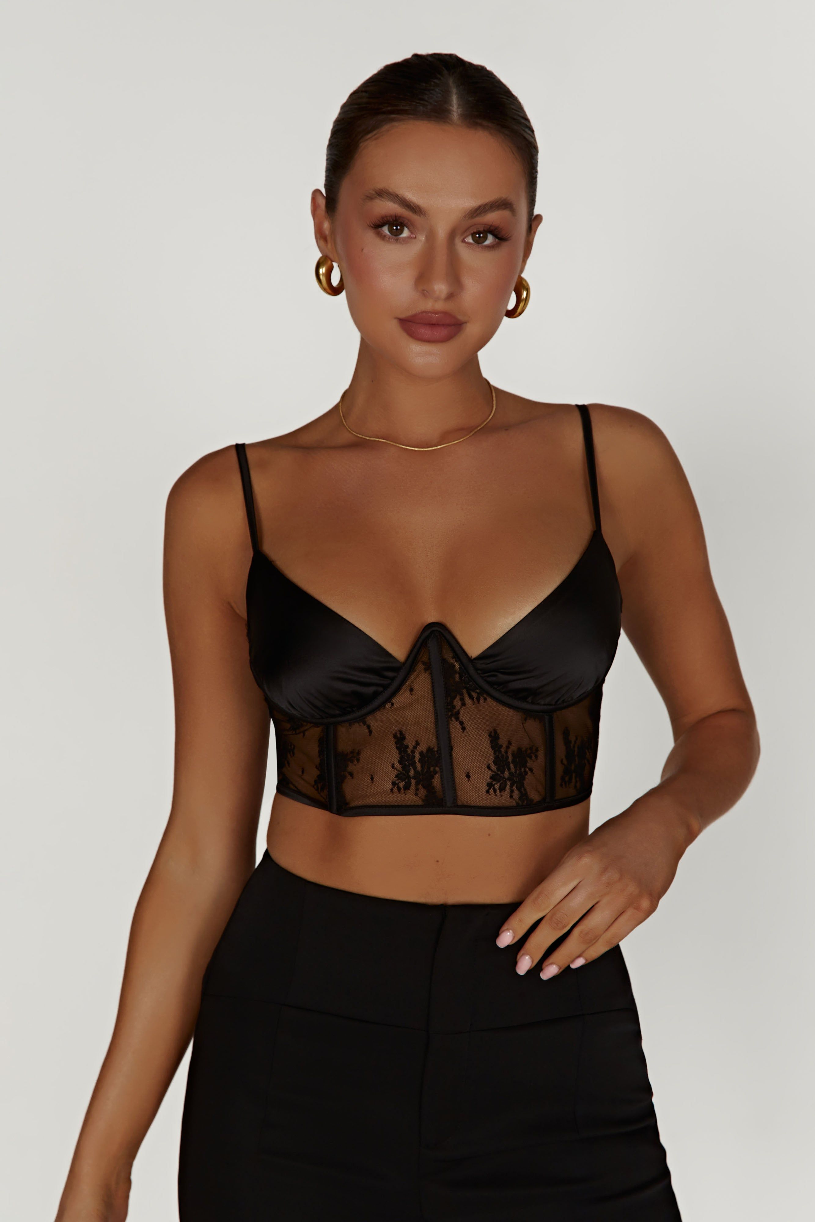 Hattie Satin And Lace Corset Top - Black sold by Meshki