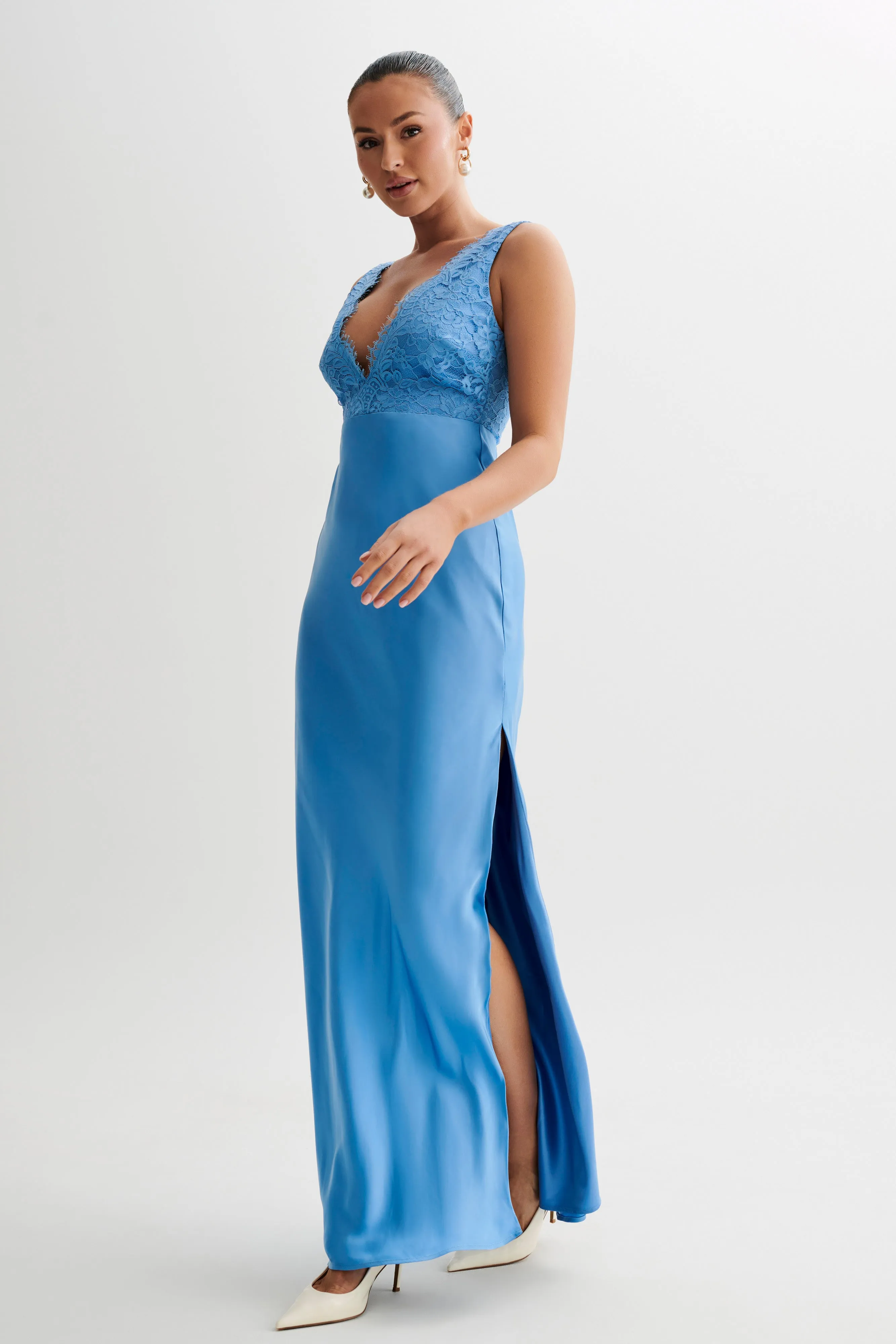 Ricci Satin And Lace Maxi Dress - Iris Blue sold by Meshki product image thumbnail 4