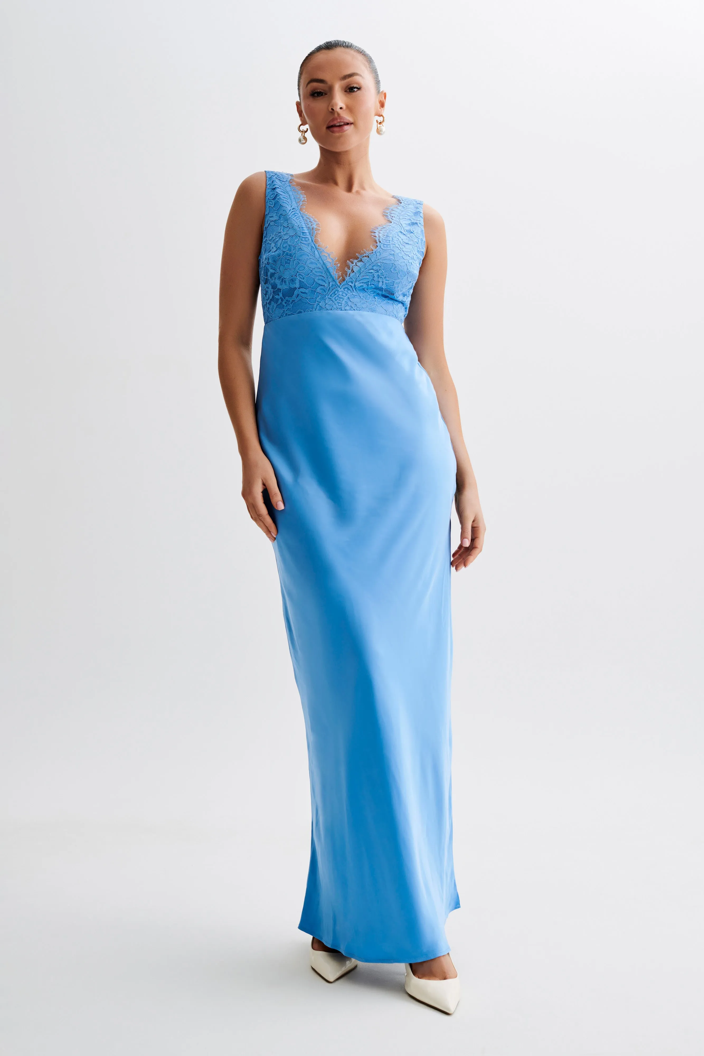 Ricci Satin And Lace Maxi Dress - Iris Blue sold by Meshki