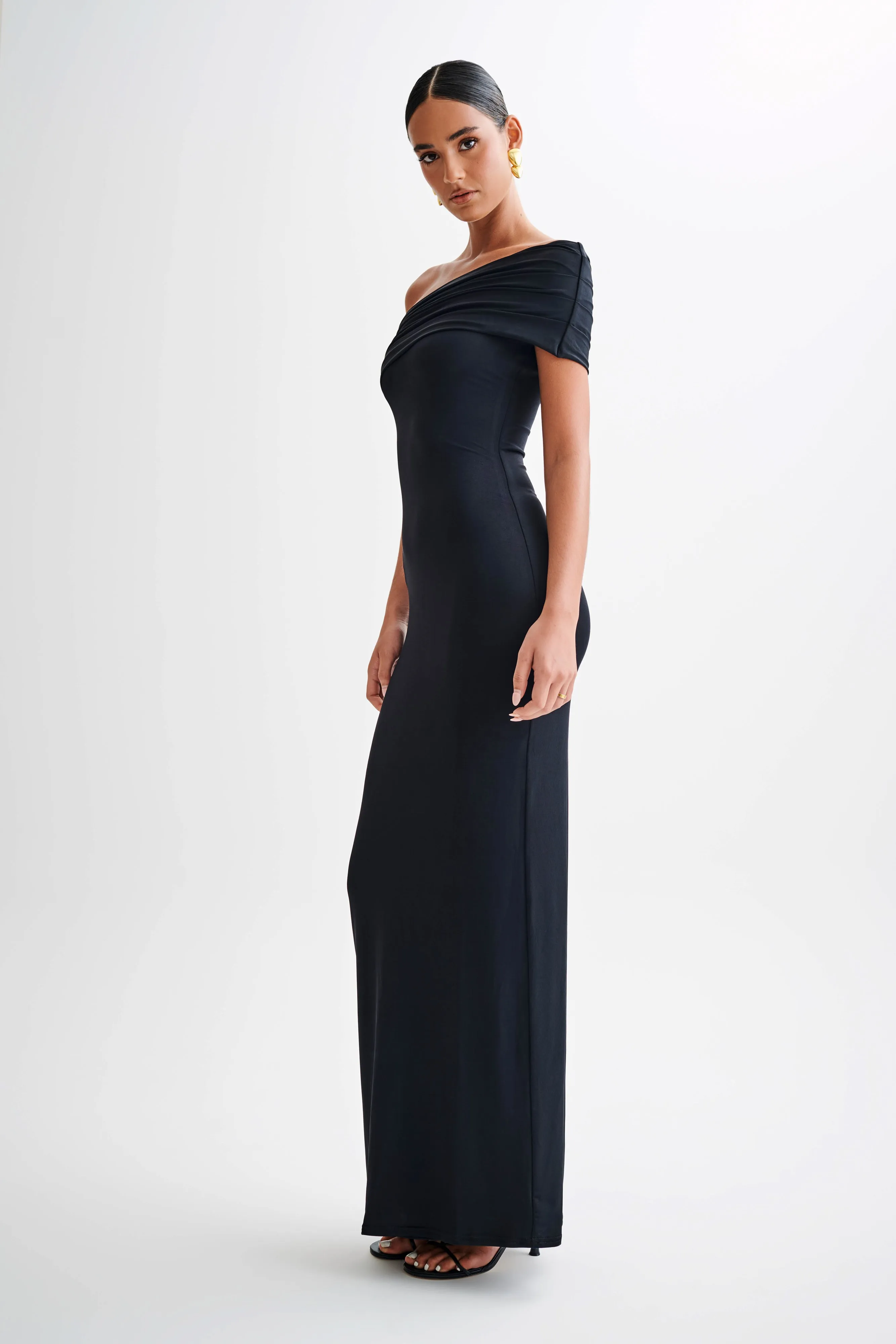 Cassandra Off Shoulder Slinky Maxi Dress - Black sold by Meshki product image thumbnail 4