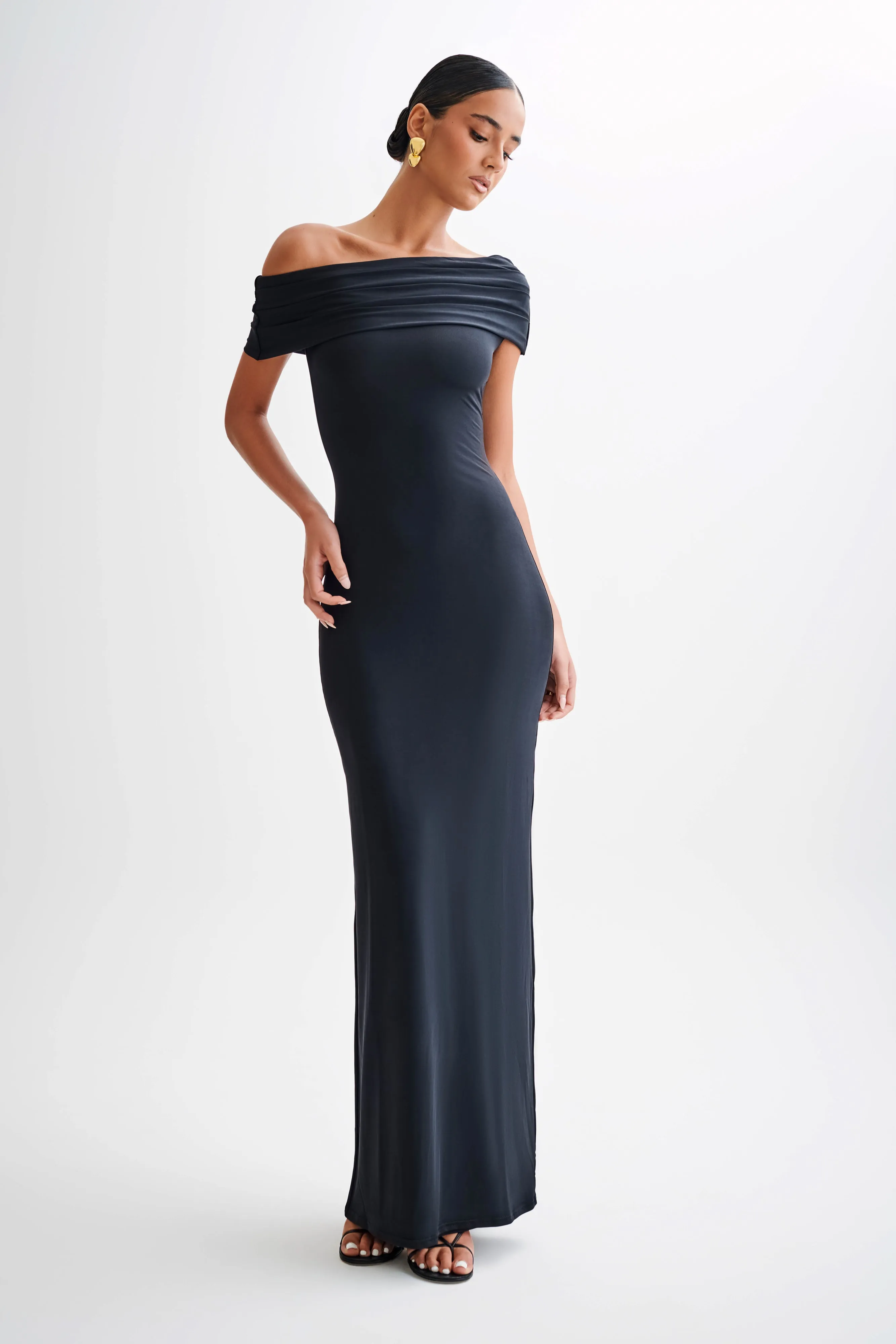 Cassandra Off Shoulder Slinky Maxi Dress - Black sold by Meshki