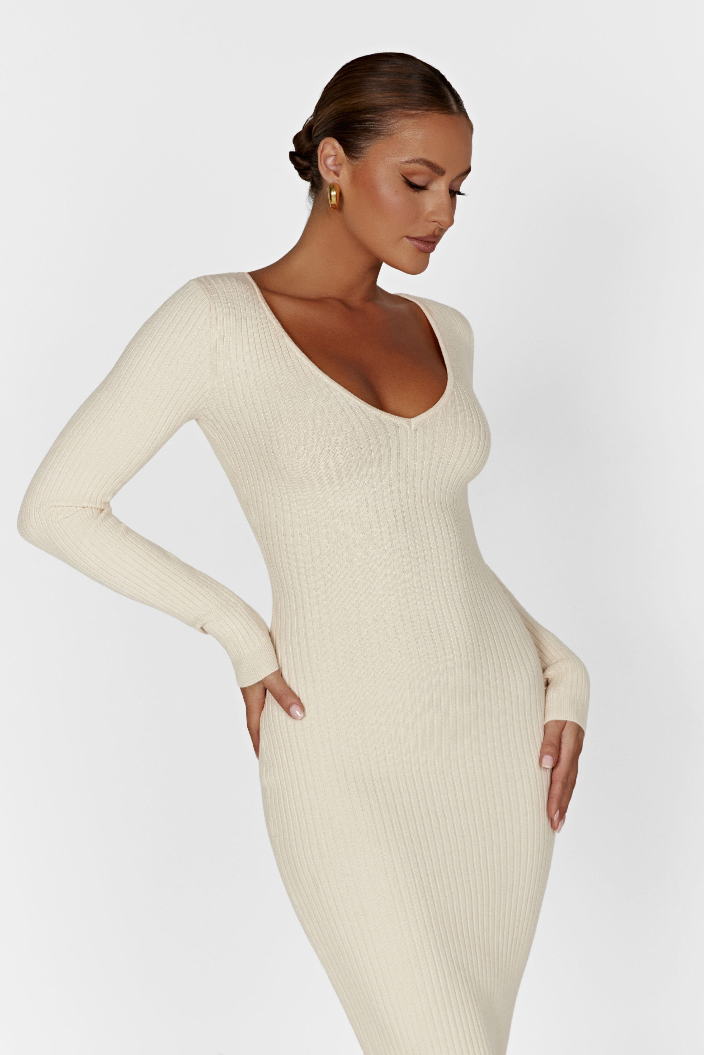 Nina Long Sleeve Knit Midi Dress - Cream sold by Meshki product image thumbnail 5